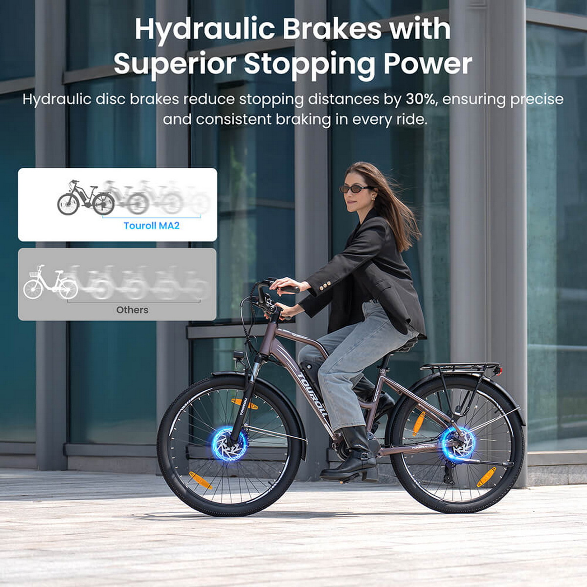 Osoba jadąca rowerem elektrycznym z hydraulicznymi hamulcami tarczowymi na białym tle.