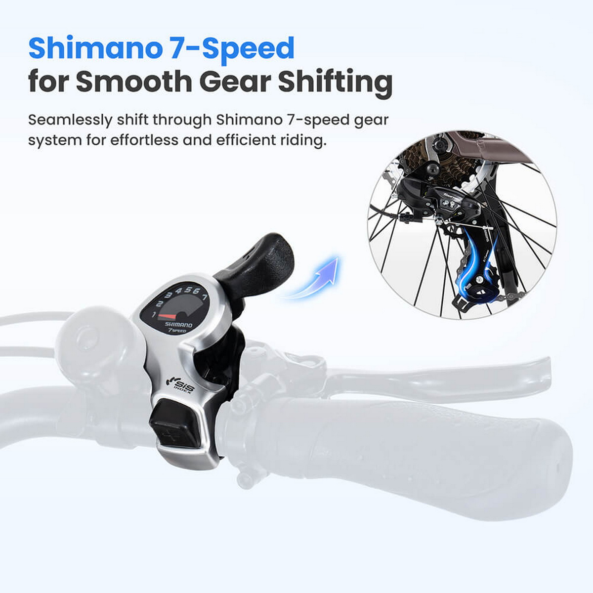 Kierownica roweru z dźwignią zmiany biegów. Część roweru jest srebrna z czarnymi akcentami.