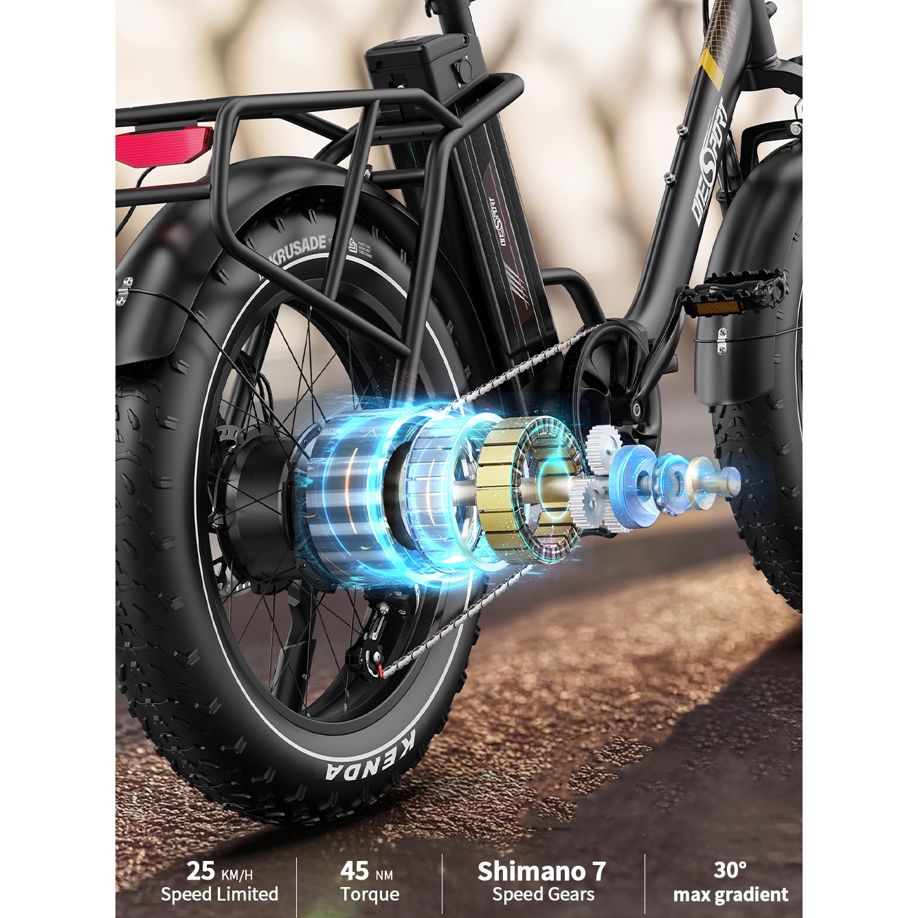 Zbliżenie tylnego koła roweru pokazujące silnik i inne elementy mechaniczne.