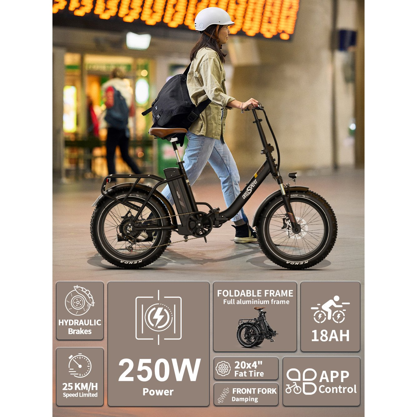 Kobieta jadąca czarnym rowerem elektrycznym na ulicy miasta. Cechy: moc 250W i hamulce hydrauliczne.