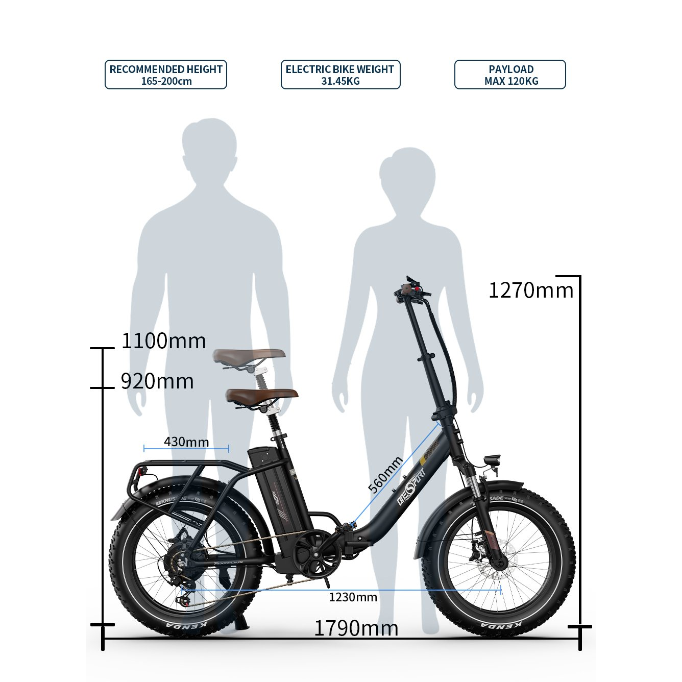 Diagram przedstawiający wymiary roweru elektrycznego. Zawiera wysokość, długość i widok z boku.
