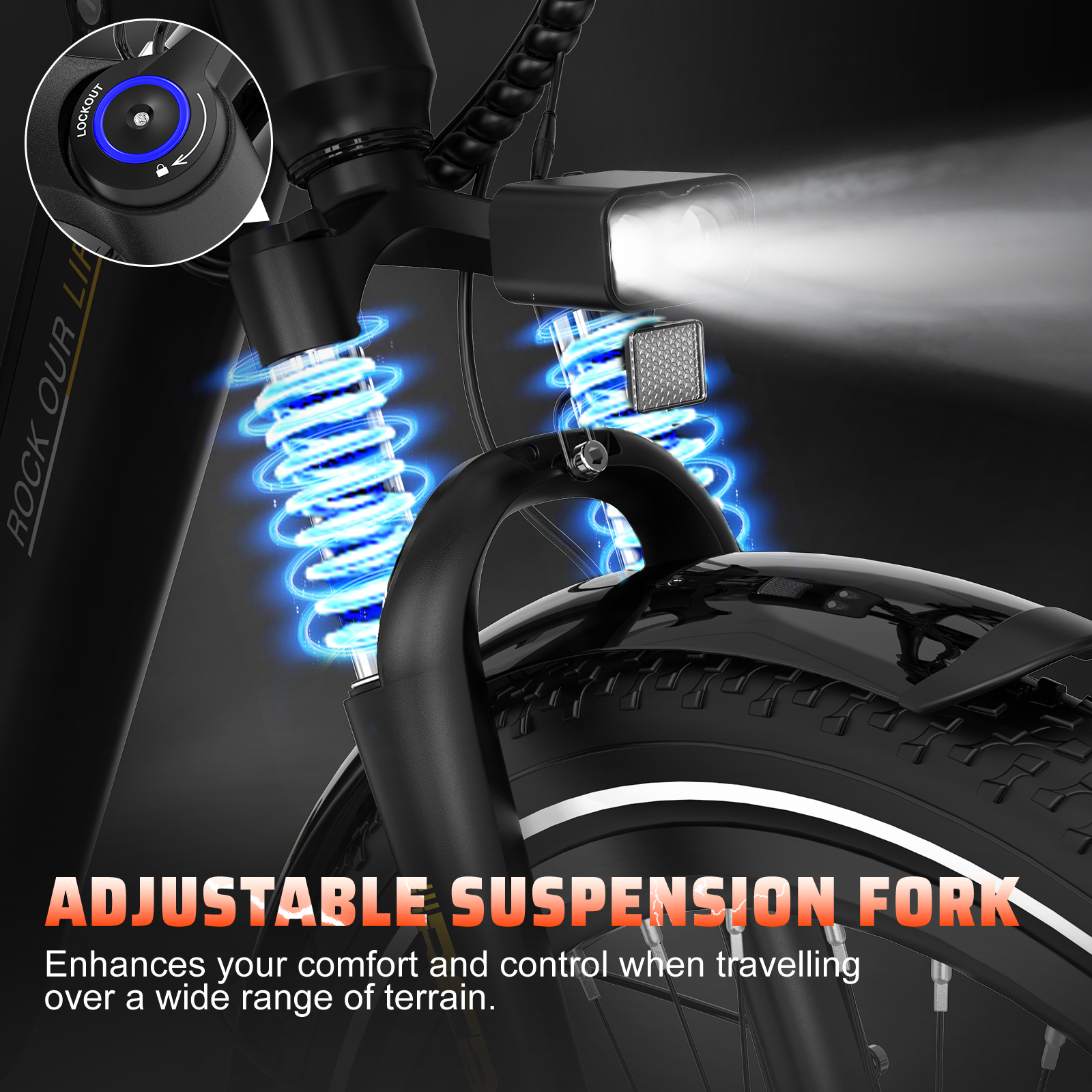 Close-up of electric bike suspension fork with text, emphasizing adjustment.