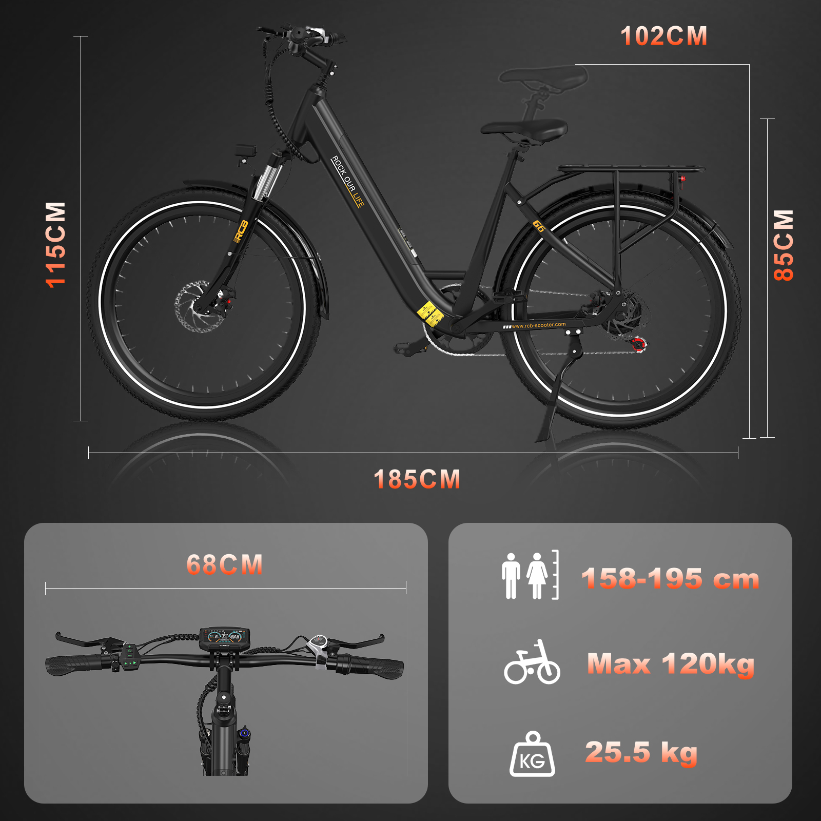 An electric bike with dimensions and specifications displayed, on a dark surface.