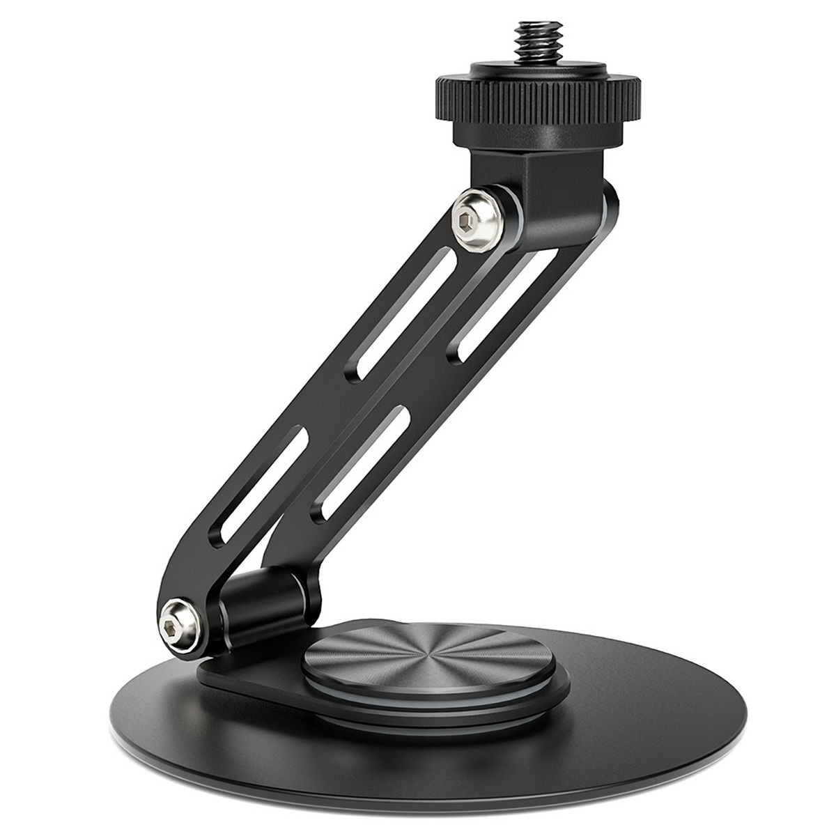 Soporte negro ajustable con base circular. Tiene rótula y tornillo para su fijación.