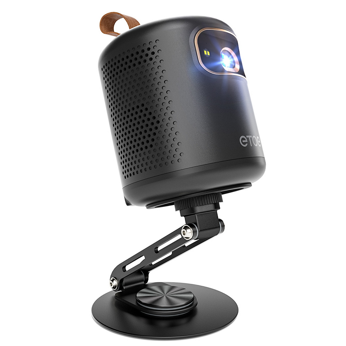 Proyector negro sobre un soporte. Tiene una correa de cuero y el logo 'etoe'. La lente emite luz azul.