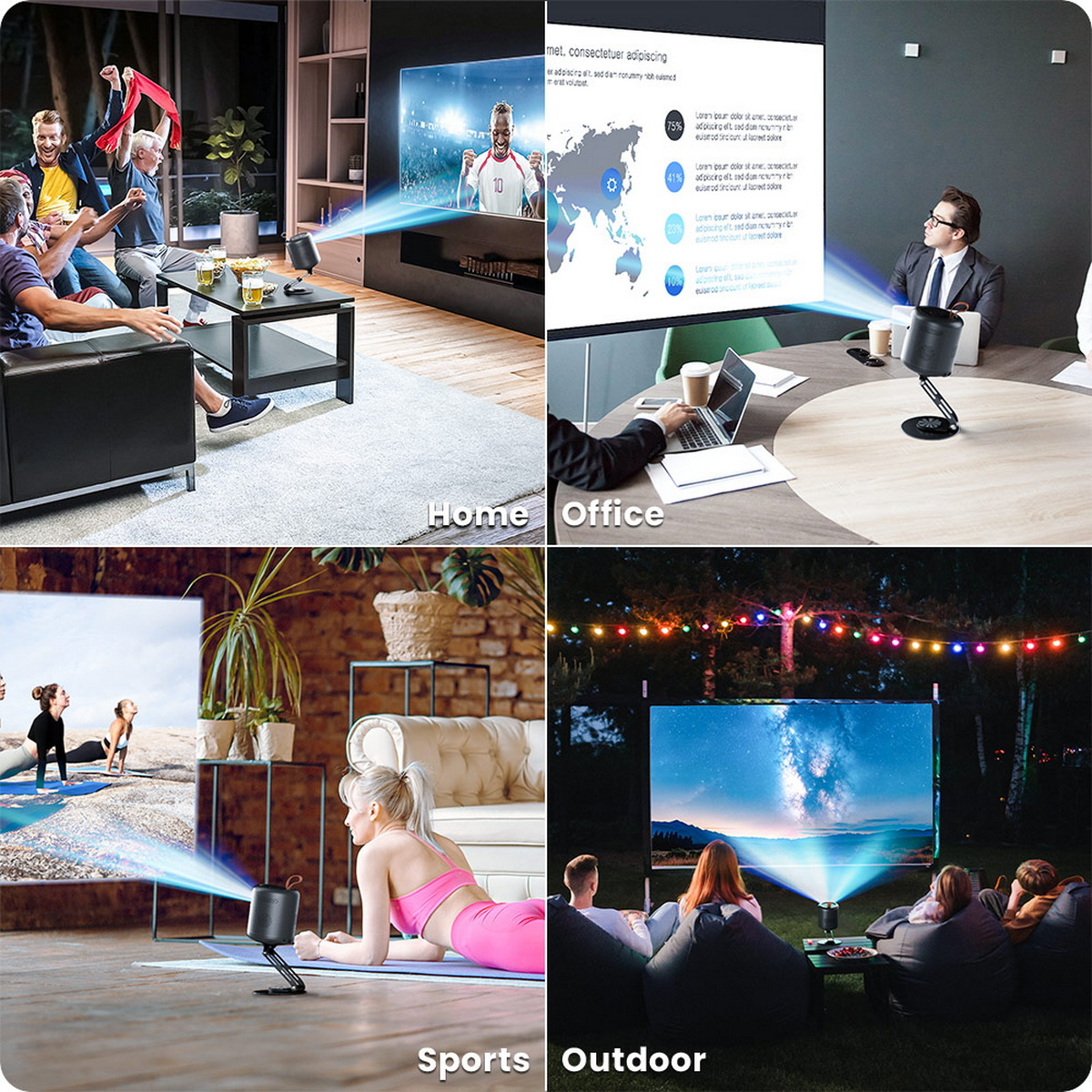 Vier Bilder eines Projektors in verschiedenen Umgebungen: Zuhause, Büro, Sport und im Freien.
