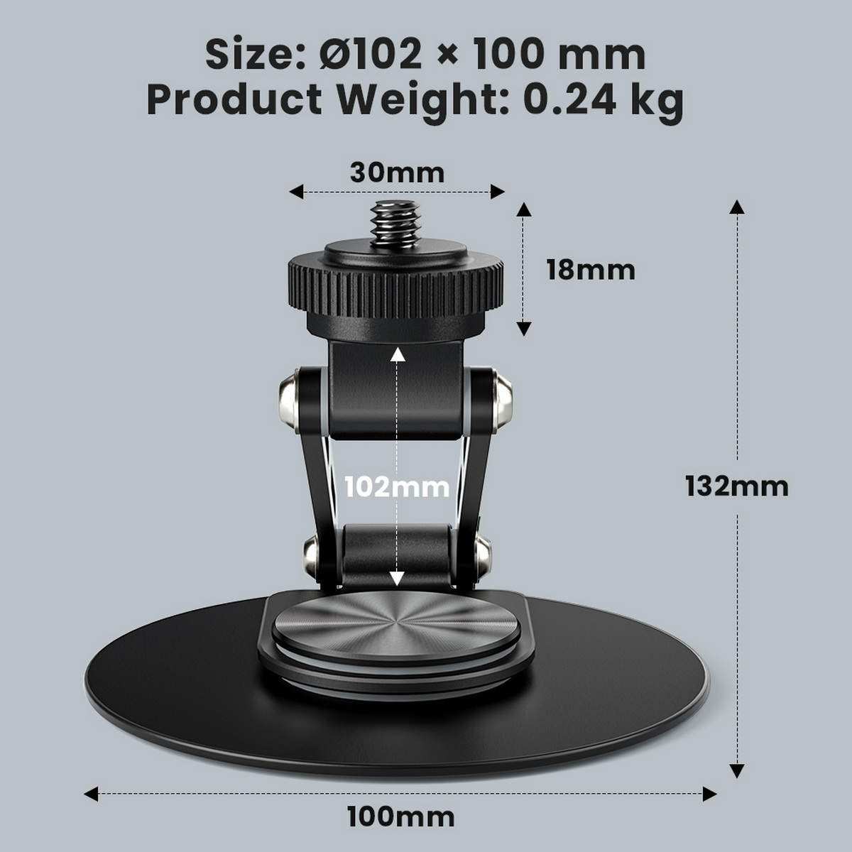 Soporte negro con dimensiones: 102 mm diámetro, 100 mm altura. Muestra dimensiones y peso: 0,24 kg.