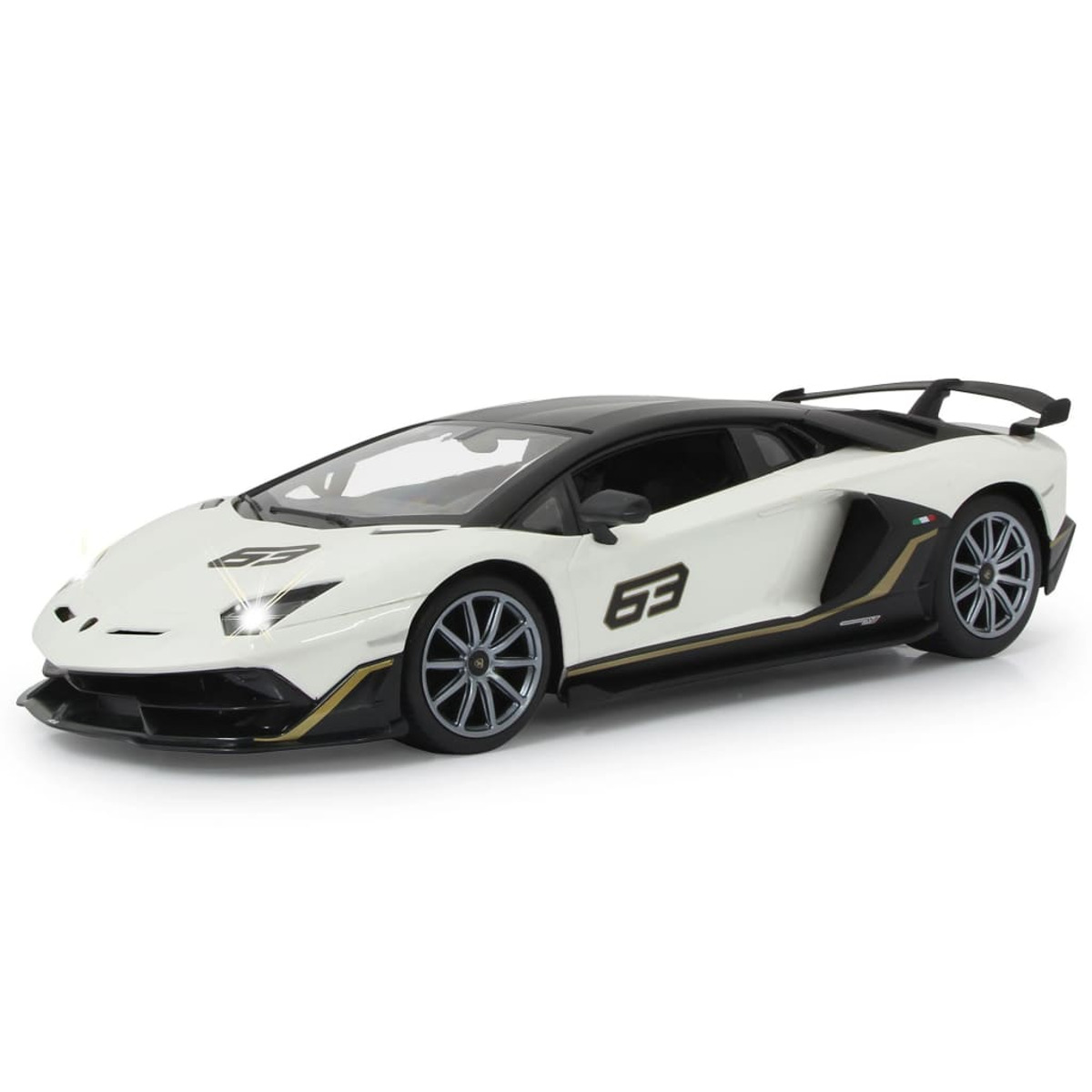 Lamborghini blanco con techo negro, detalles dorados y el número 63 en el lateral. Está sobre un fondo blanco.