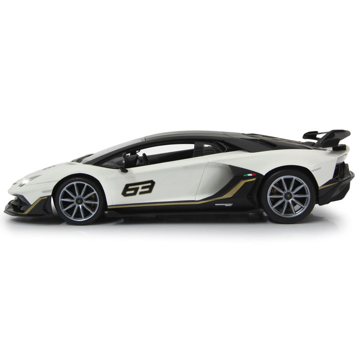 Coche de juguete Lamborghini blanco y negro con el número '63'. Vista lateral, sobre fondo blanco.