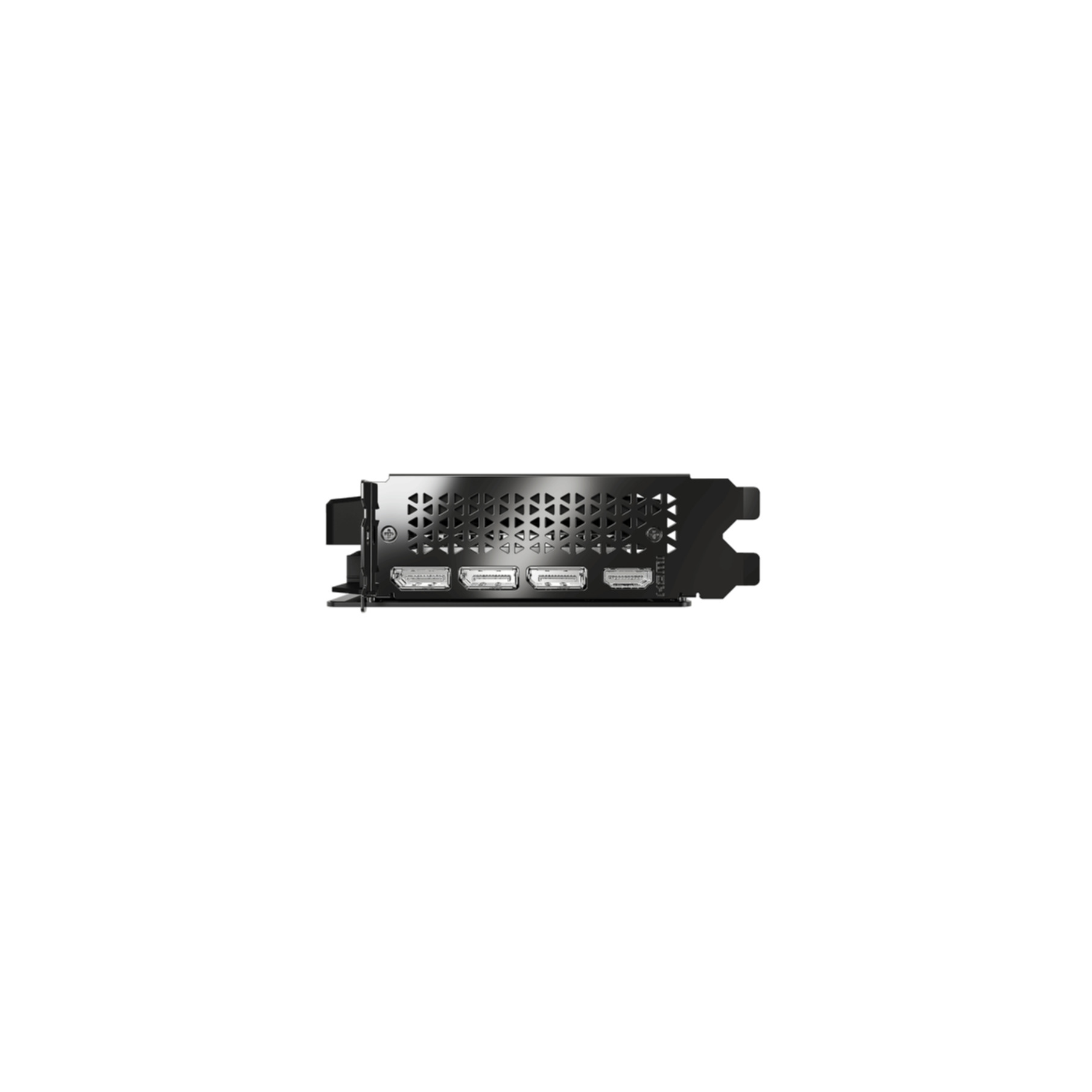 Back view of a black graphics card with several ports. The card is on a white background.