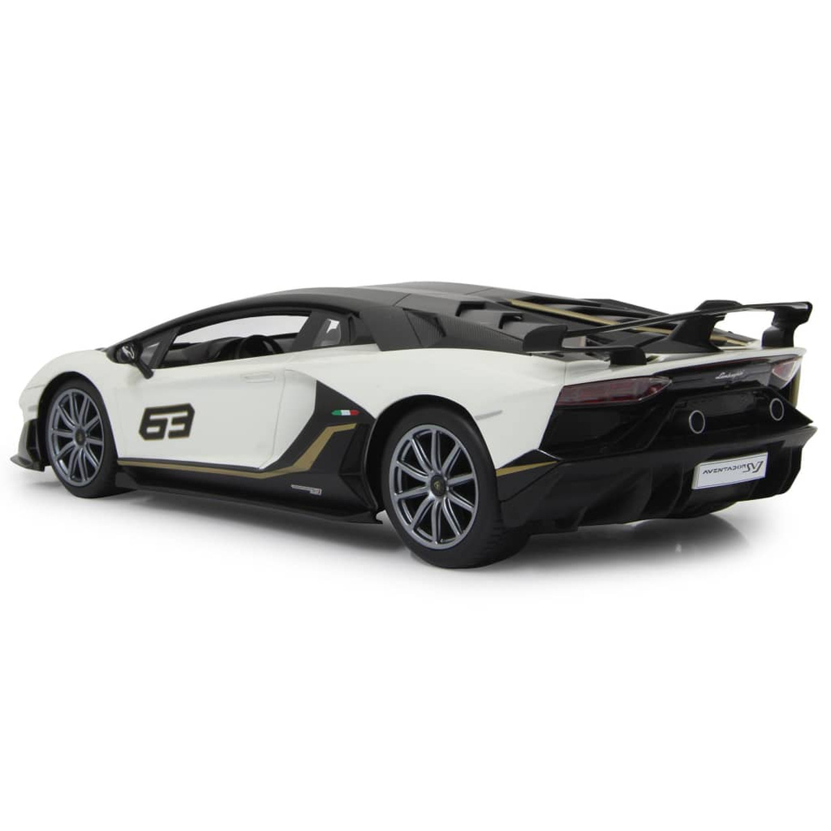Vista trasera de un coche de juguete Lamborghini blanco y negro con el número '63' y un alerón.
