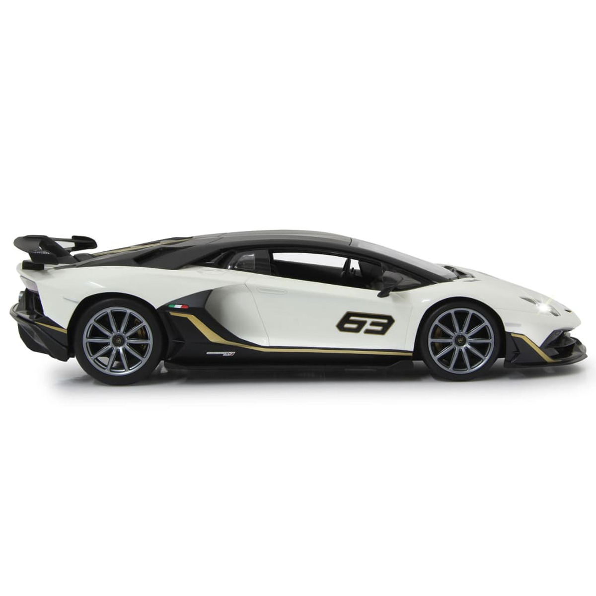 Coche de juguete Lamborghini blanco y negro con el número '63'. Vista lateral.