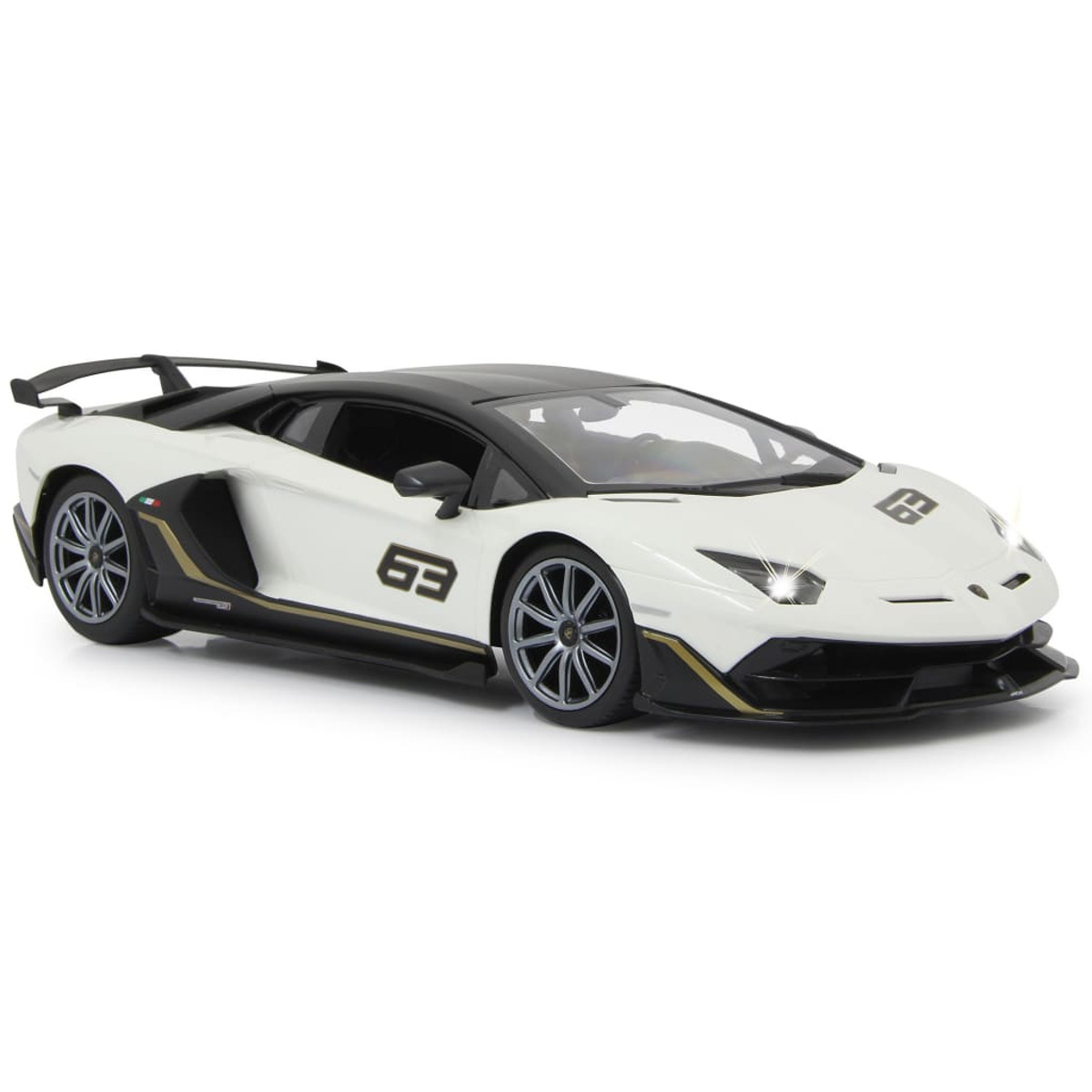 Lamborghini blanco con techo negro, detalles dorados y el número 63 en el lateral. Vista frontal.