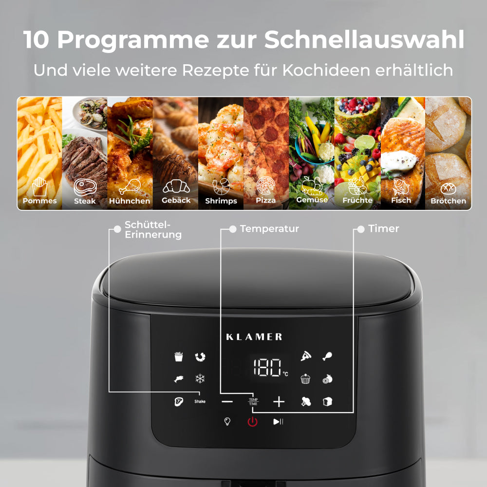 Eine Heißluftfritteuse mit Lebensmittelsymbolen auf dem Bedienfeld. Lebensmittel sind Pommes, Steak und Fisch.