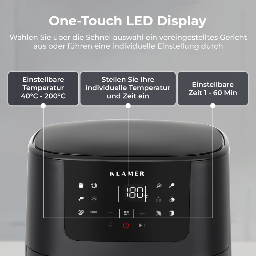 Nahaufnahme des Digitaldisplays einer Heißluftfritteuse. Informationen über Temperatur und Zeit werden angezeigt.