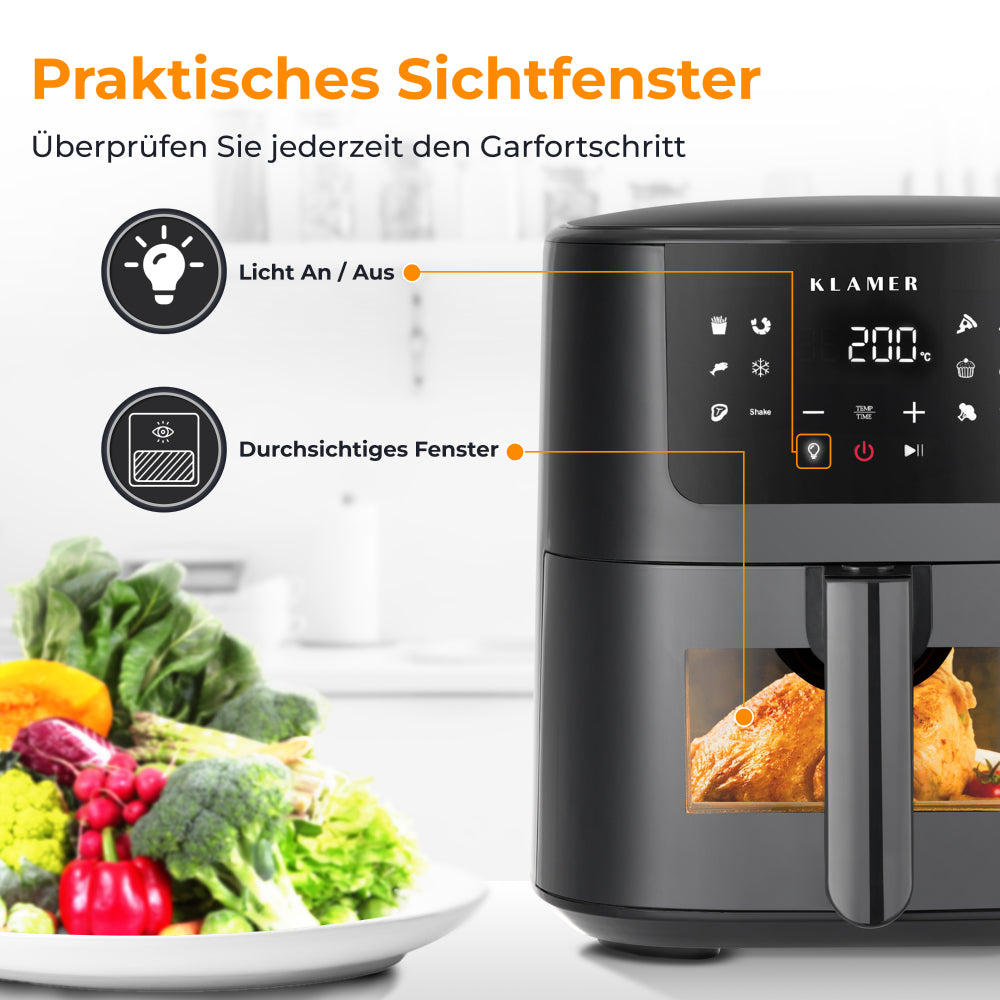 Heißluftfritteuse mit Fenster, das Essen zeigt. Küchenhintergrund. Text über Licht und Fenster.