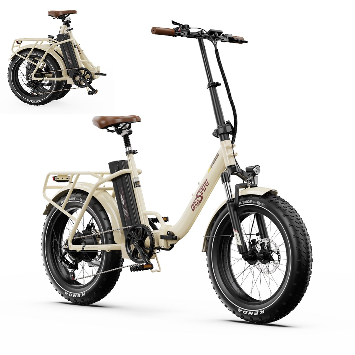 Elektryczny rower składany. Jest beżowy z czarnymi oponami, brązowym siedzeniem i bagażnikiem.