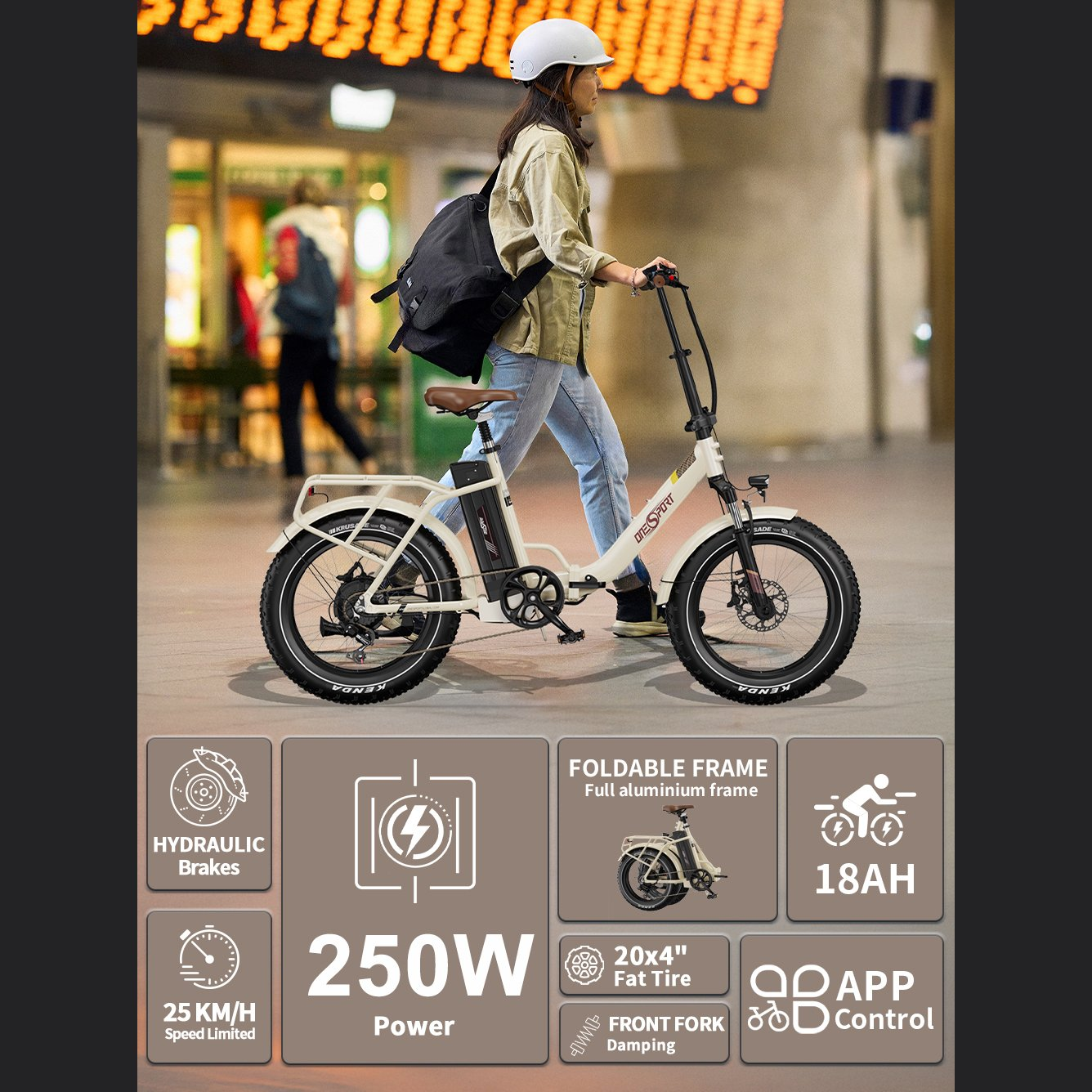Kobieta na beżowym rowerze elektrycznym. Cechy: hamulce hydrauliczne, moc 250W i składana rama.