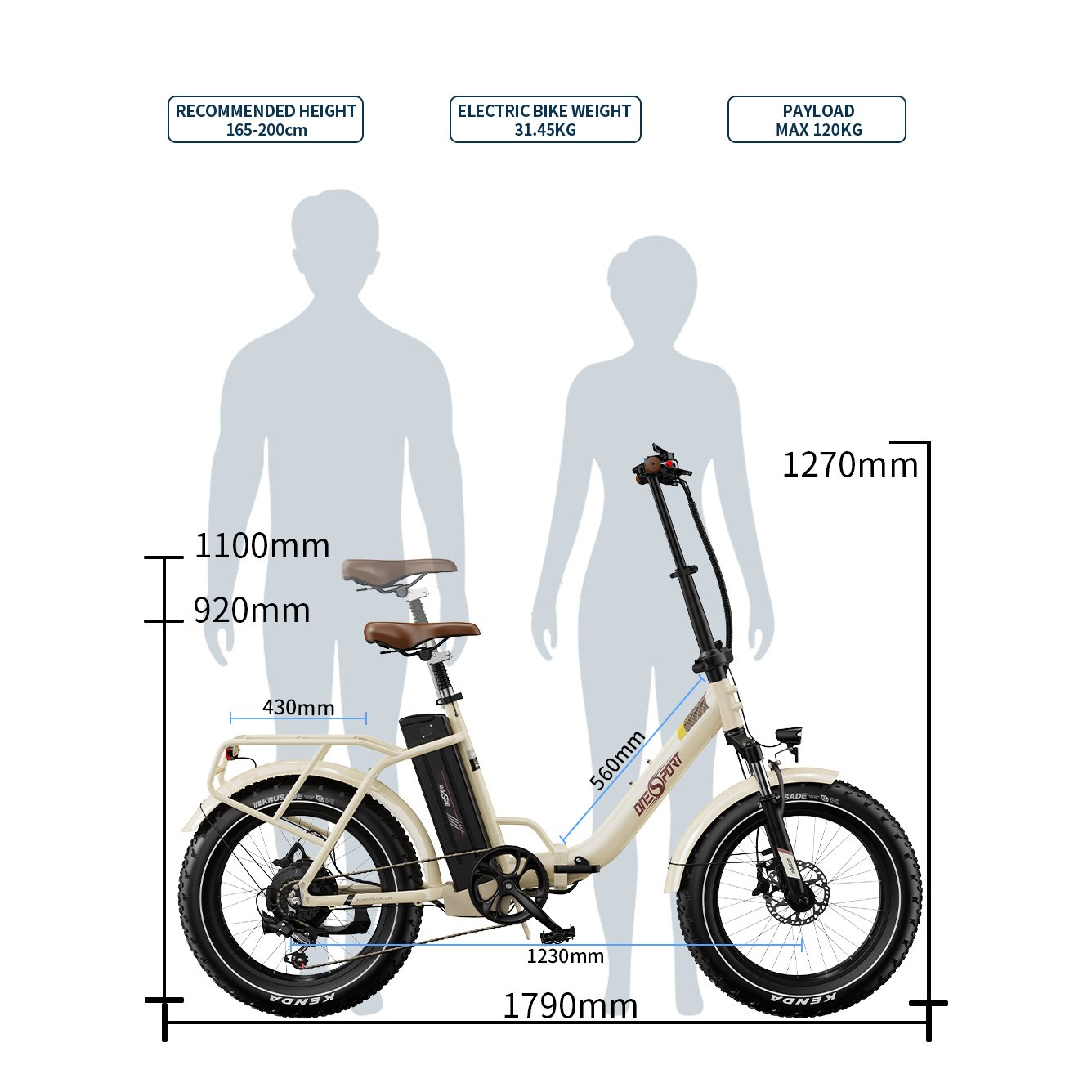 Beżowy rower elektryczny, z czarnymi oponami i brązowym siodełkiem. Podano wymiary.