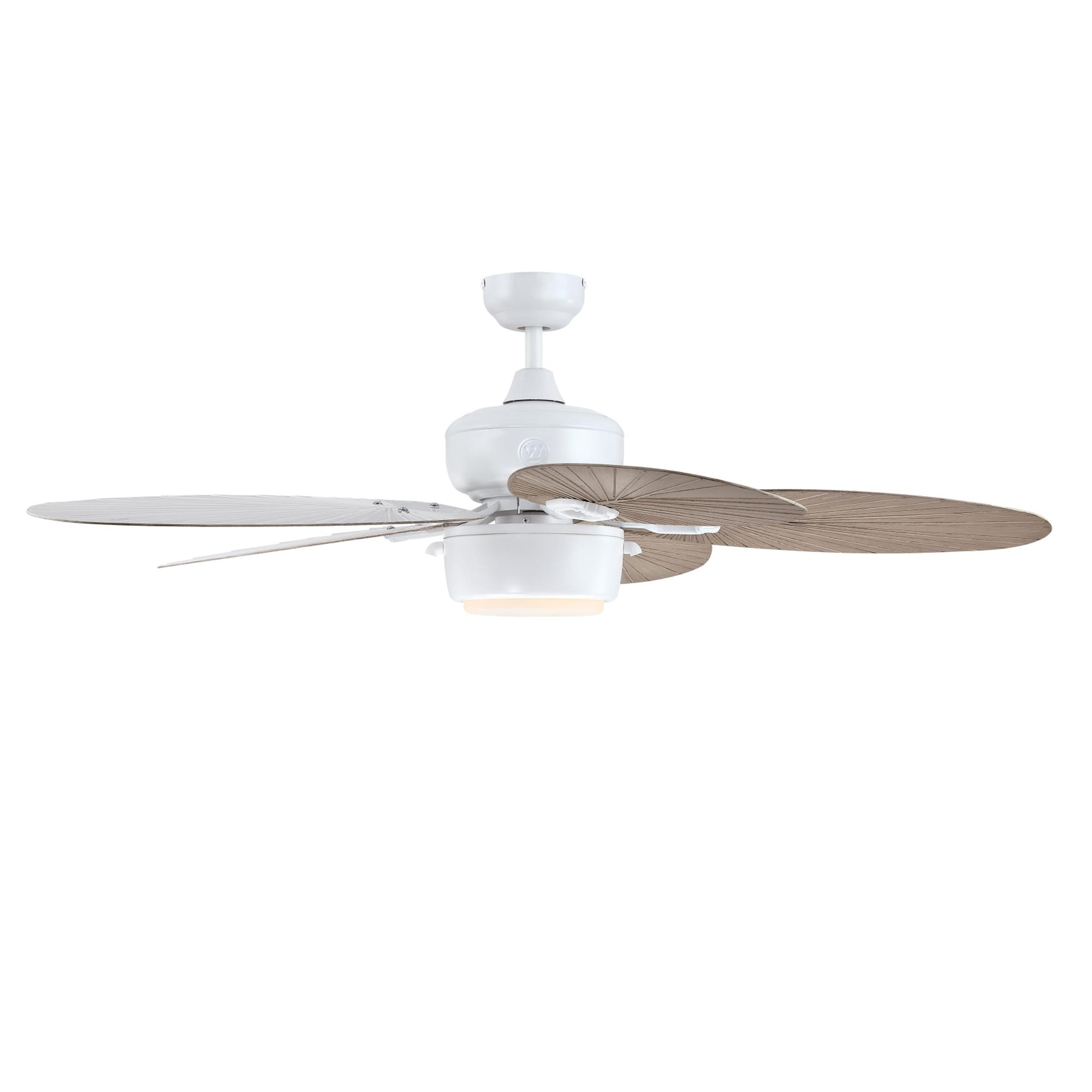 Ein weißer Deckenventilator mit vier Blättern, weißem Motorgehäuse und zentralem Licht.