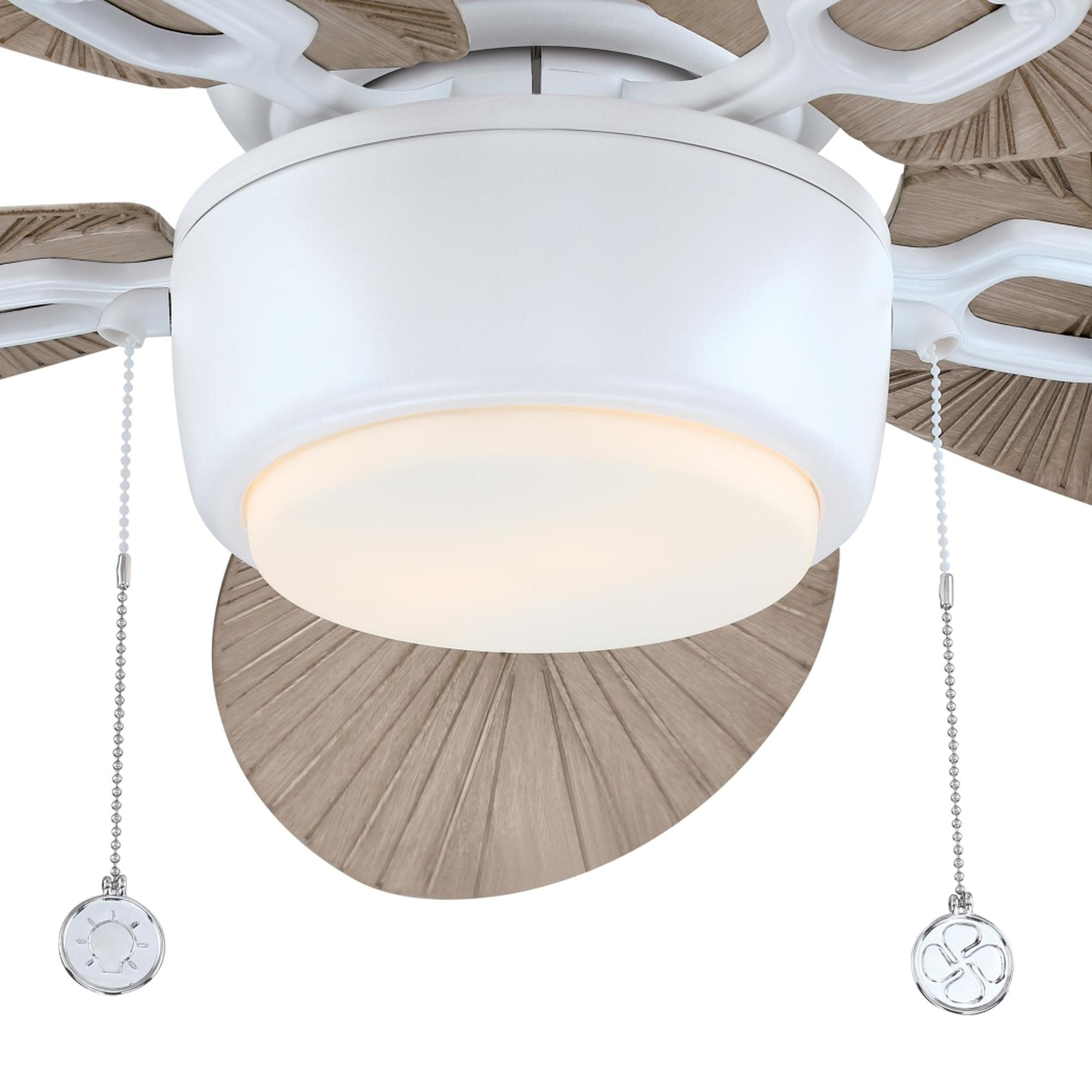 Deckenventilator mit weißen Flügeln und einem Licht. Holzoptik-Details an den Flügeln.
