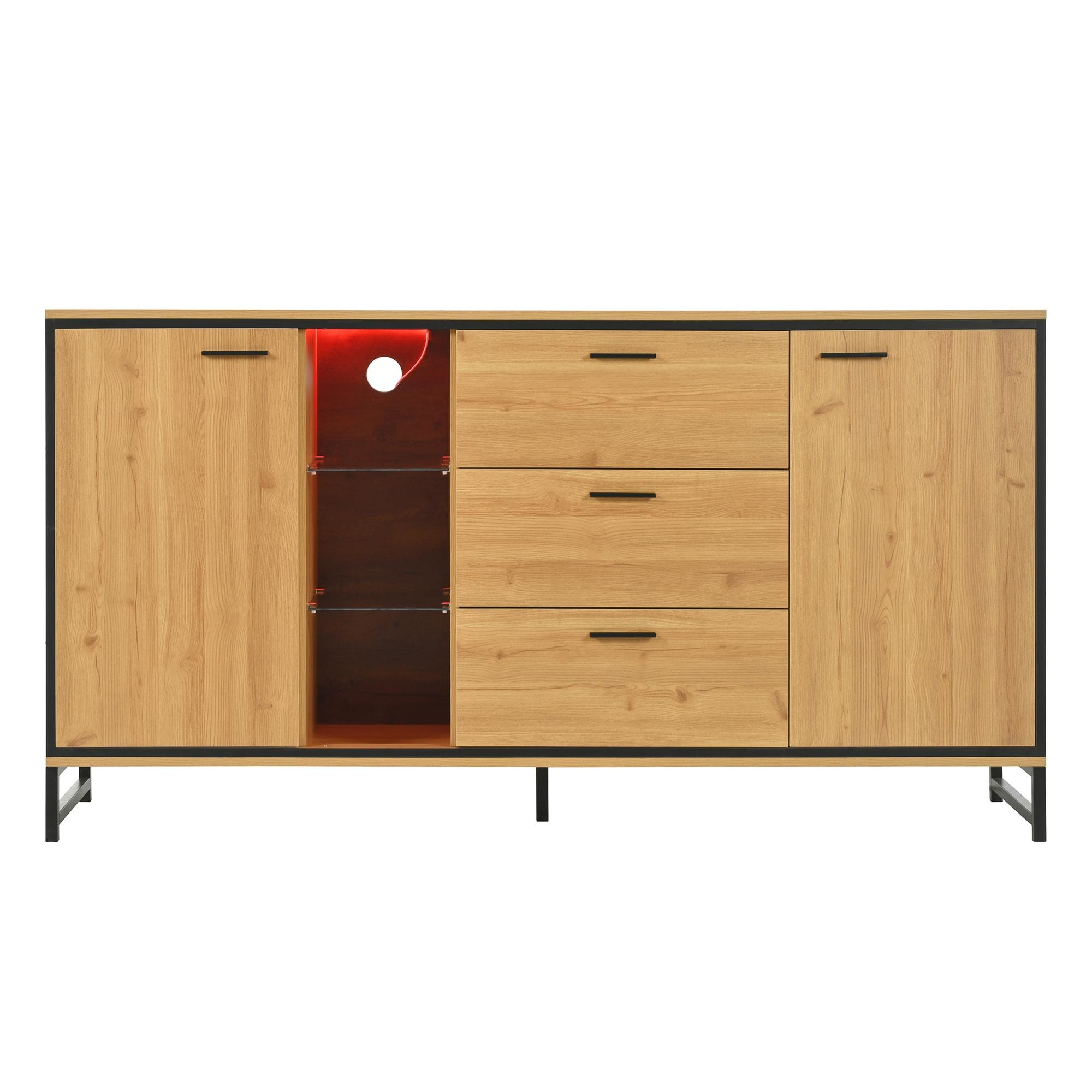 Holzsideboard mit schwarzem Rahmen. Enthält Türen, Schubladen und ein offenes Regal mit rotem Licht.