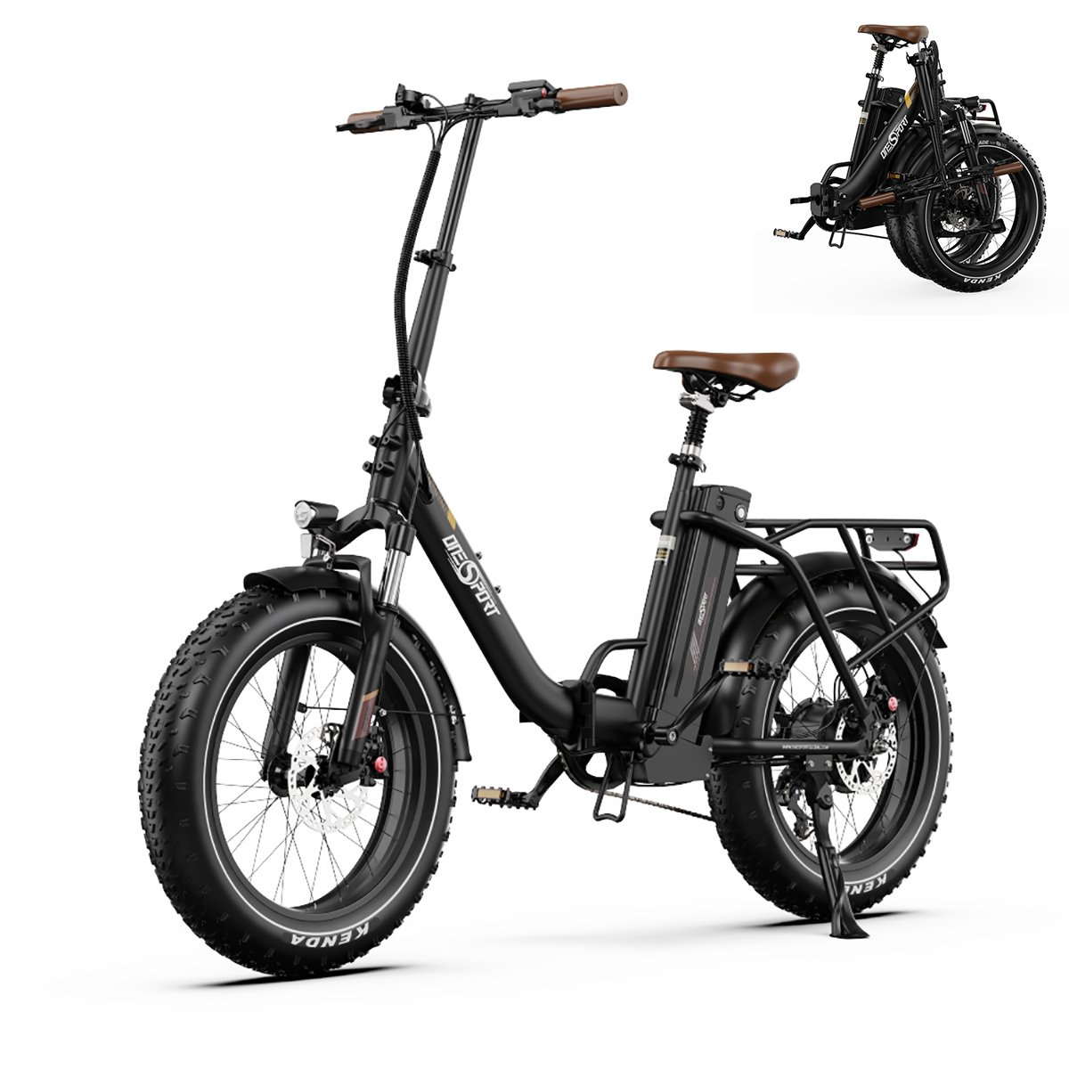 Czarny składany rower elektryczny z brązowym siodełkiem, czarnymi oponami i bagażnikiem.