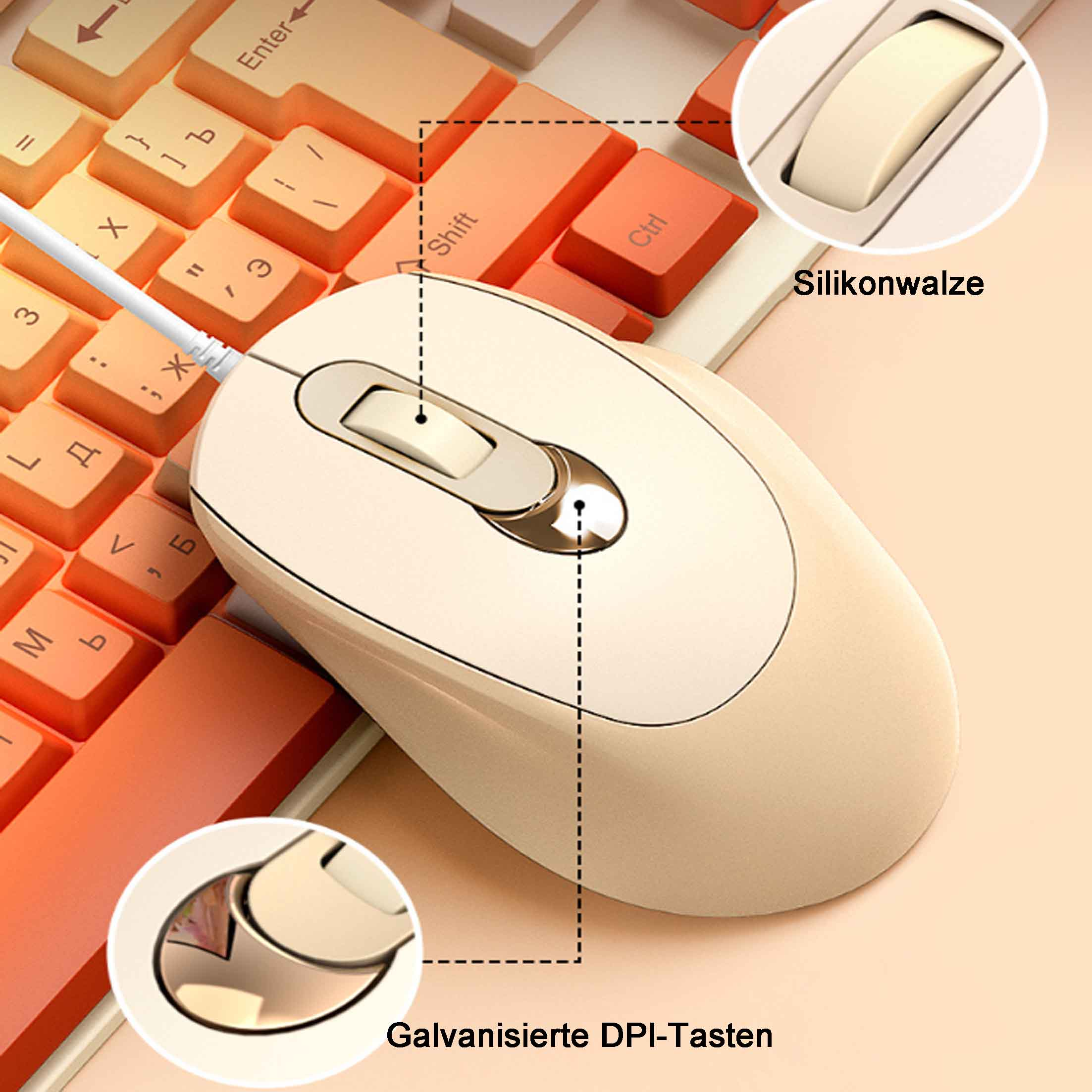 Beige Maus auf einer orangefarbenen und beigen Tastatur. Detail der Mausfunktionen wird gezeigt.