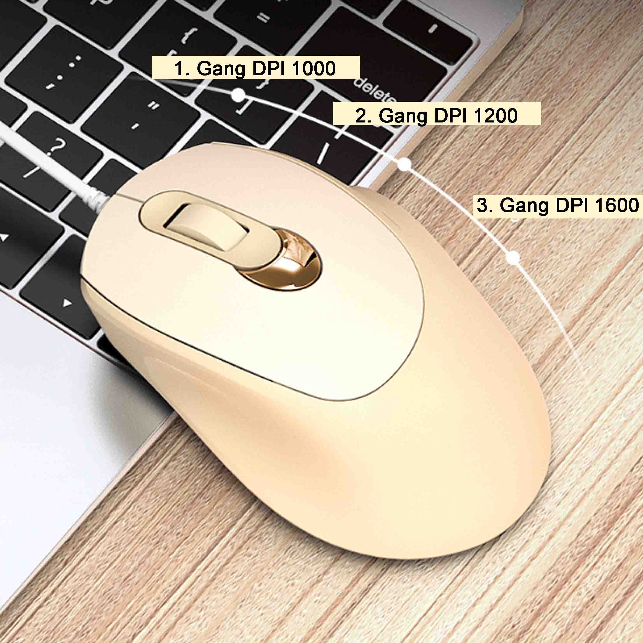 Beige Maus auf einer Tastatur. DPI-Einstellungen sind beschriftet: 1000, 1200 und 1600.