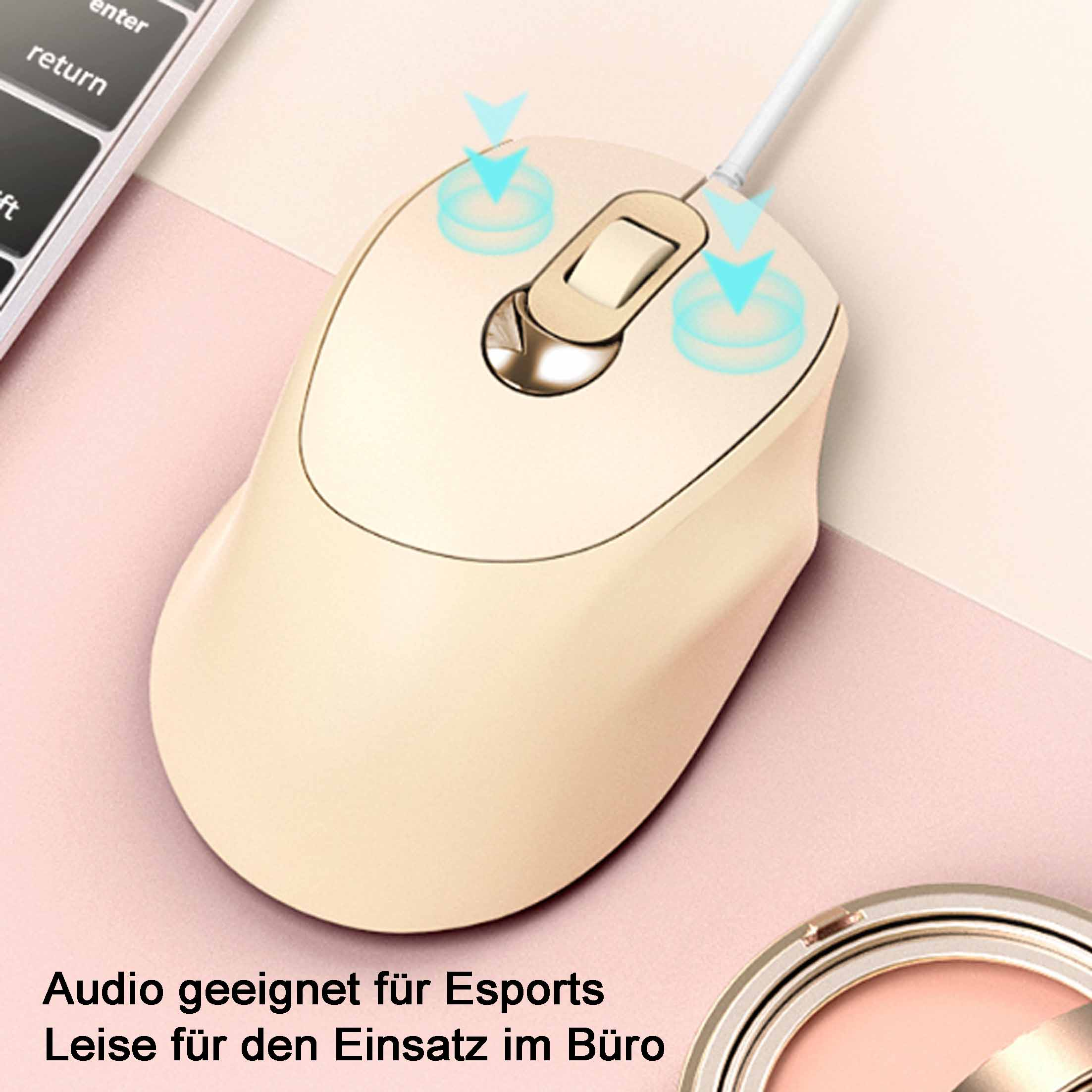 Beige Computermaus mit Scrollrad. Pfeile zeigen Mausklicks an. Eine Tastatur ist teilweise im Hintergrund sichtbar.