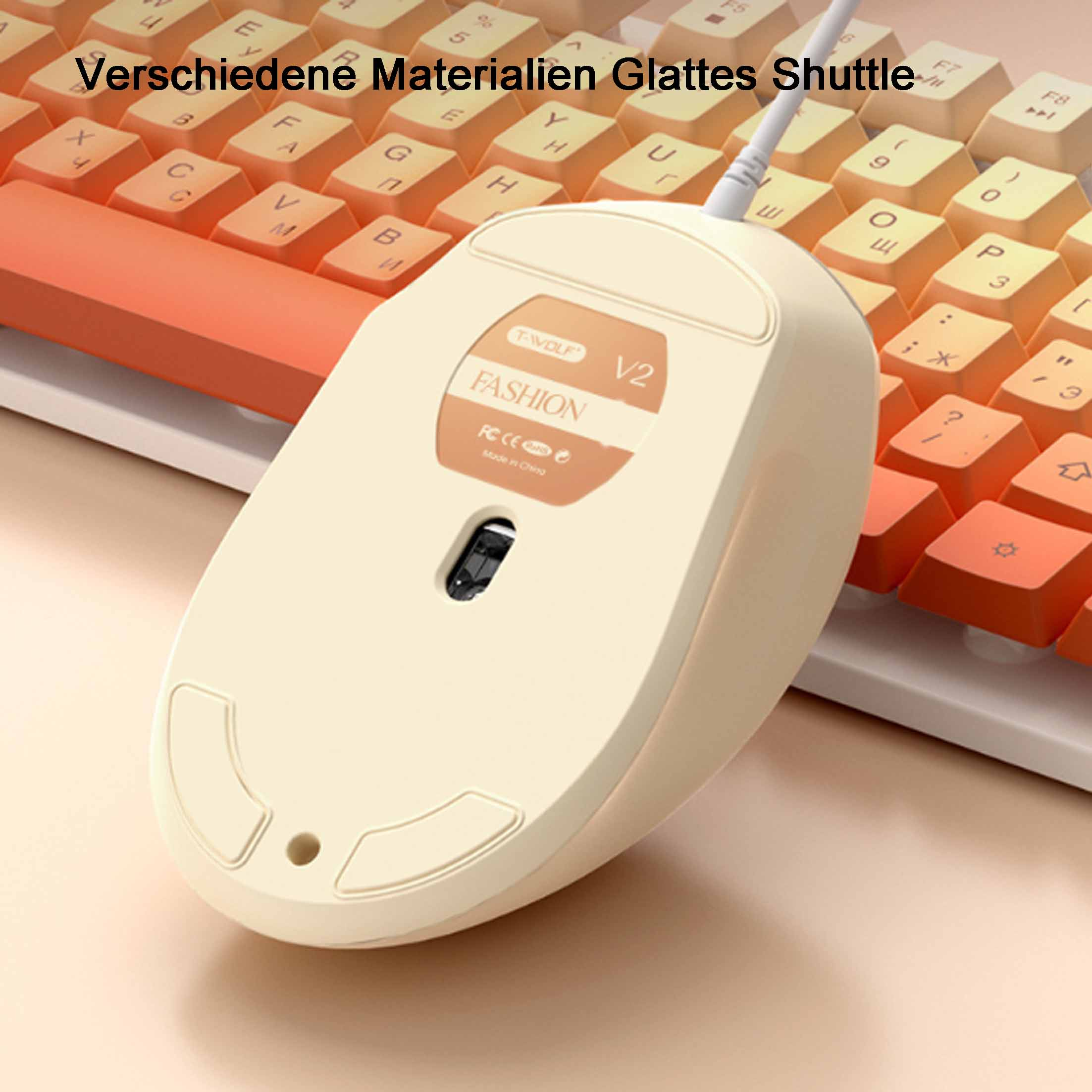 Nahaufnahme einer Computermaus. Die Maus ist cremefarben und mit einer Tastatur verbunden. Die Tastatur ist orange.