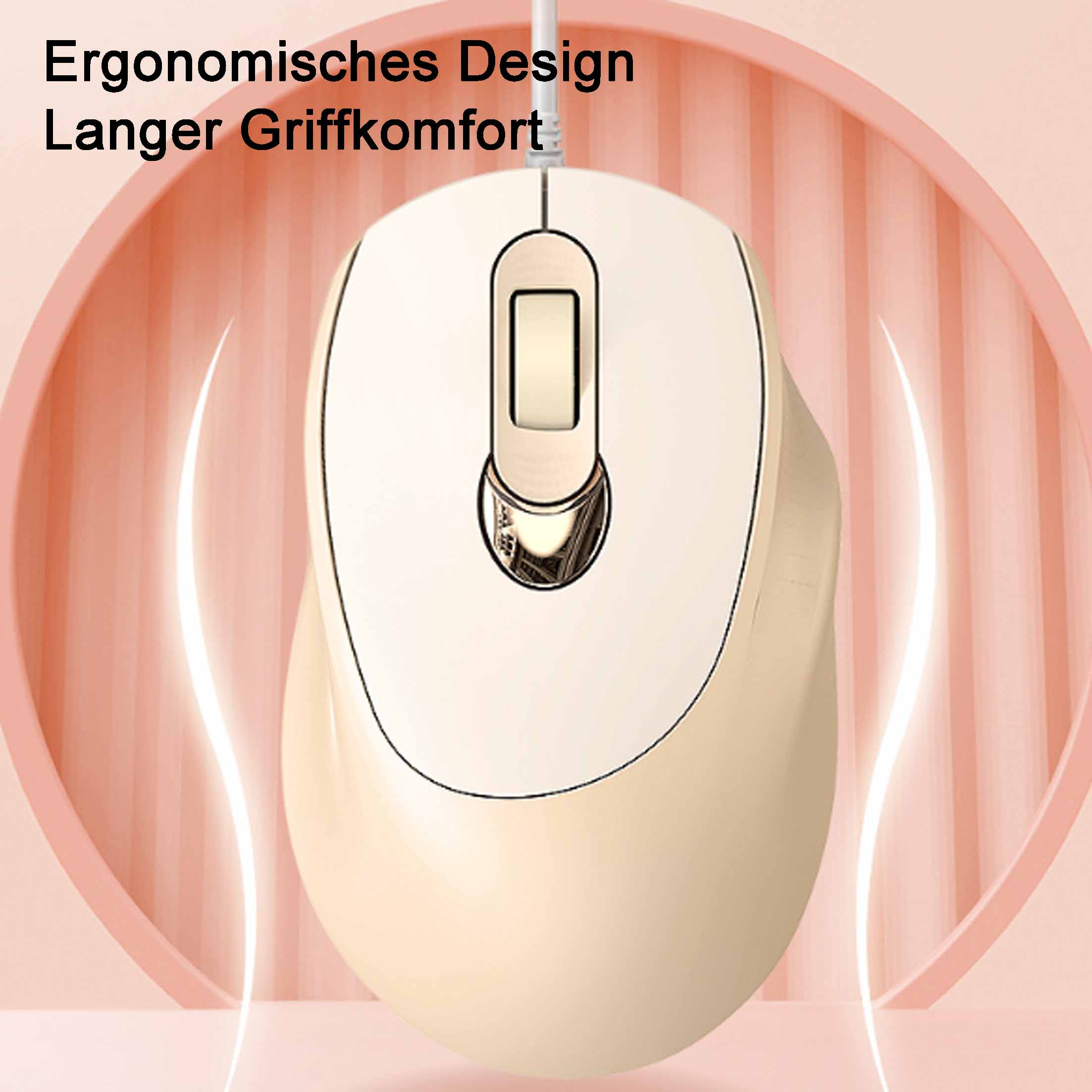 Nahaufnahme einer cremefarbenen Computermaus auf rosa Hintergrund. Die Maus hat ein ergonomisches Design.