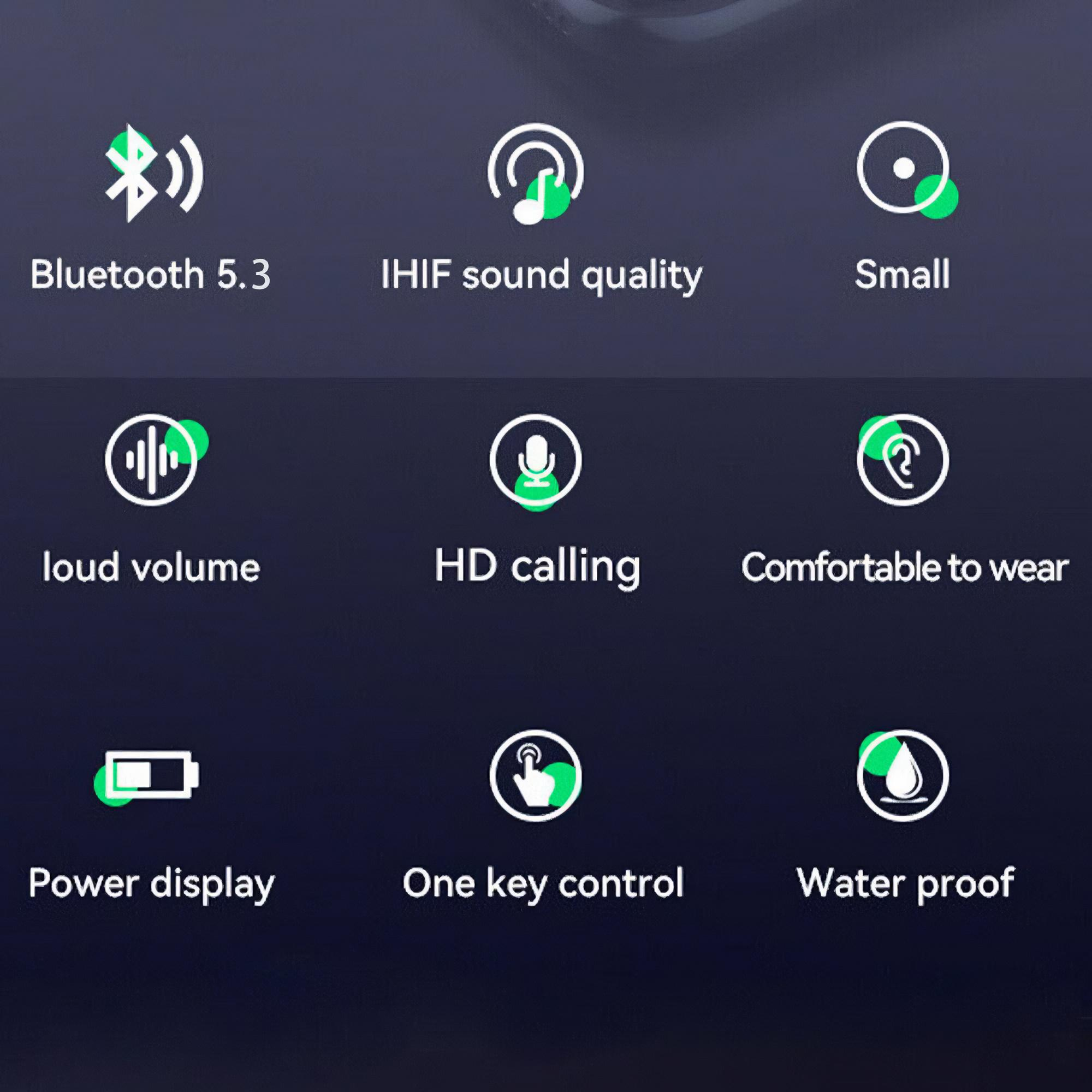 Symbole mit Text zu kabellosen Ohrhörern, Bluetooth, Klangqualität und Steuerung.