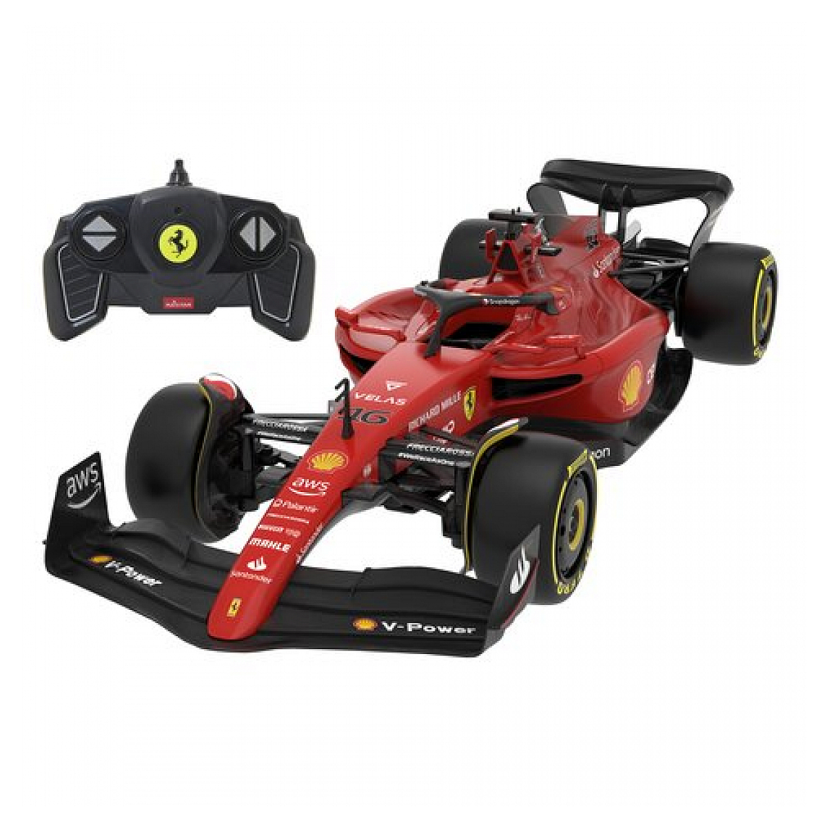 Rotes Ferrari Formel-1-Spielzeugauto mit Fernbedienung, isoliert auf weißem Hintergrund.