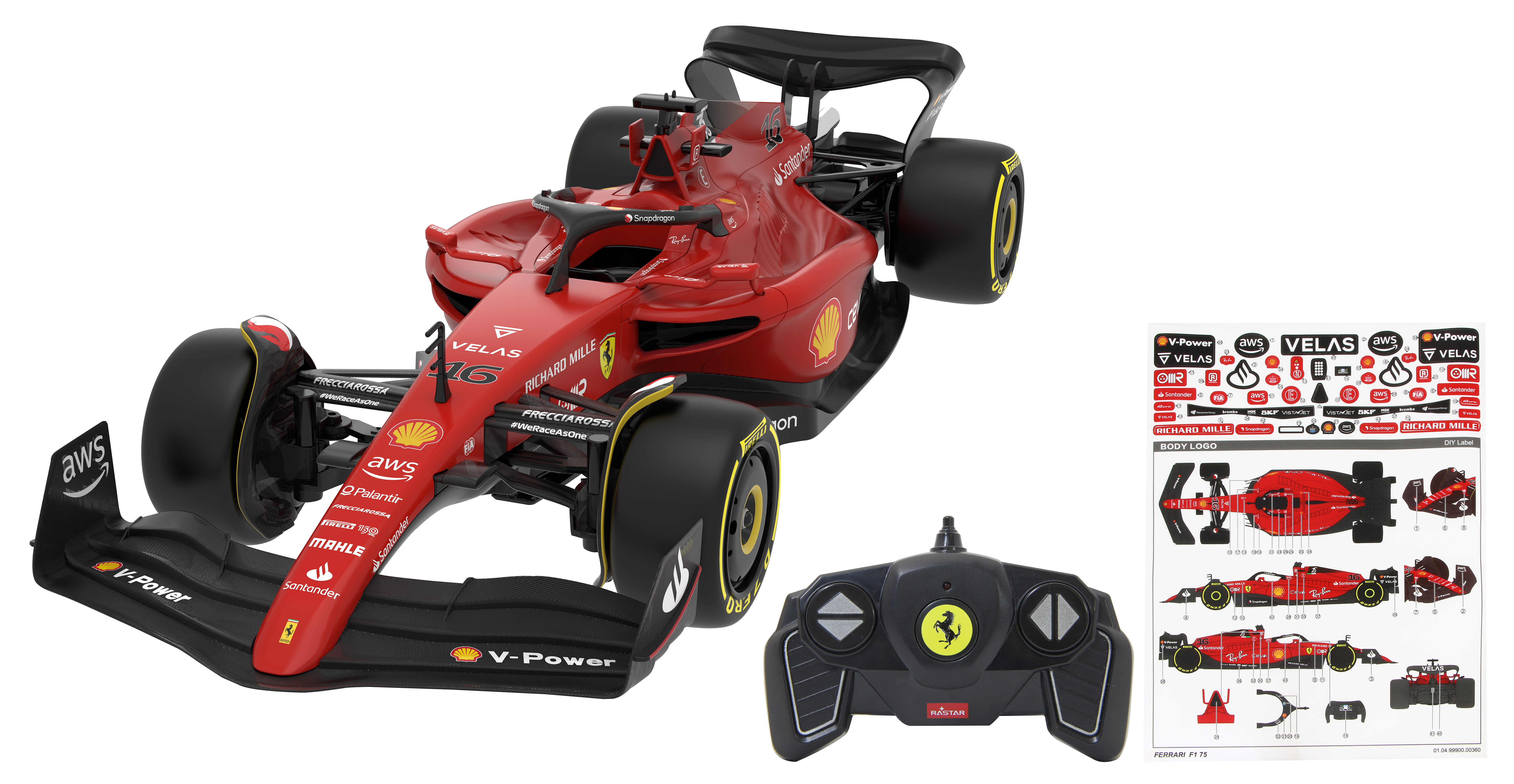 Rotes Ferrari Formel 1 Spielzeugauto mit Fernbedienung und Aufklebern auf weißem Hintergrund.