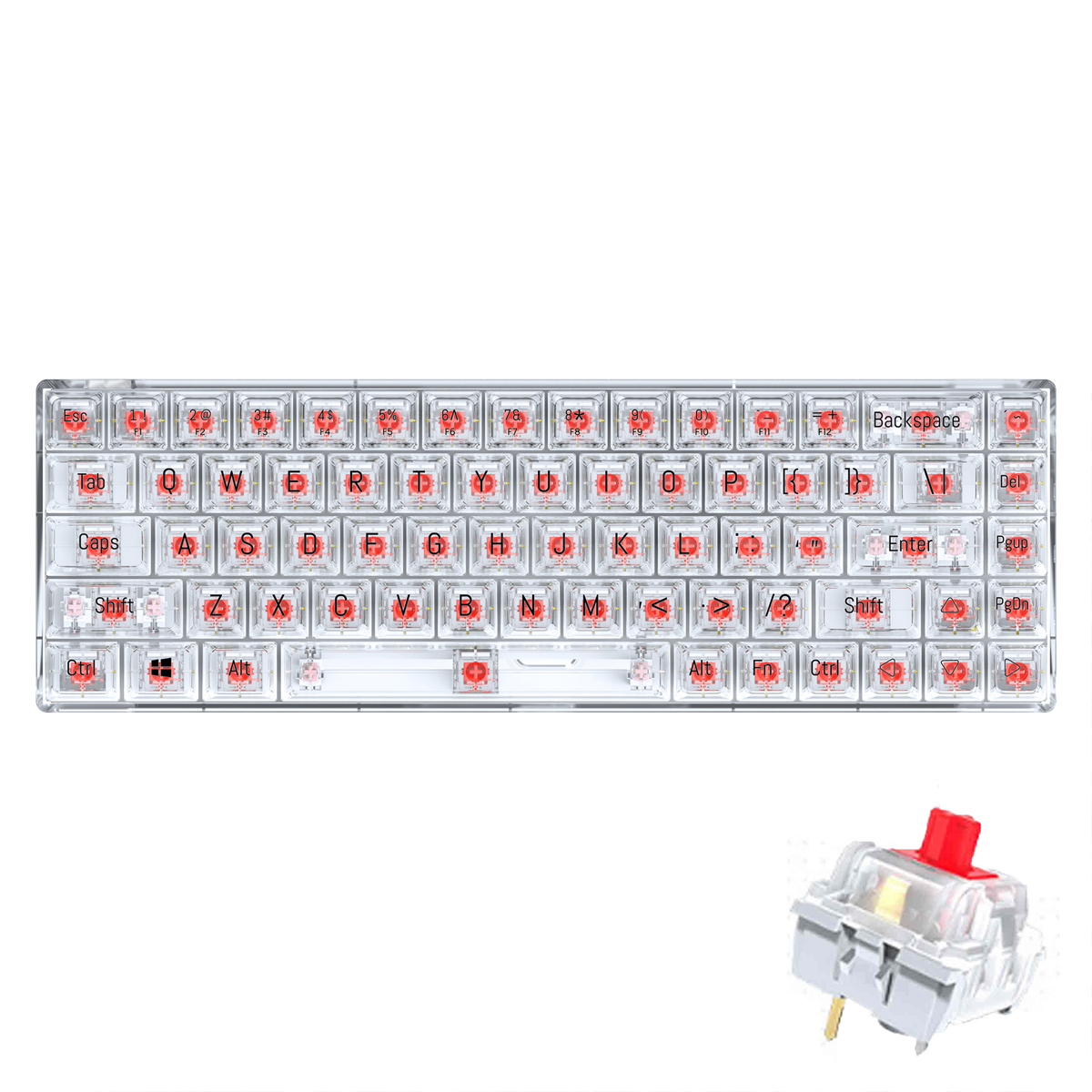 Przezroczysta klawiatura z czerwonymi klawiszami i oddzielnym przełącznikiem. Białe klawisze i mysz.