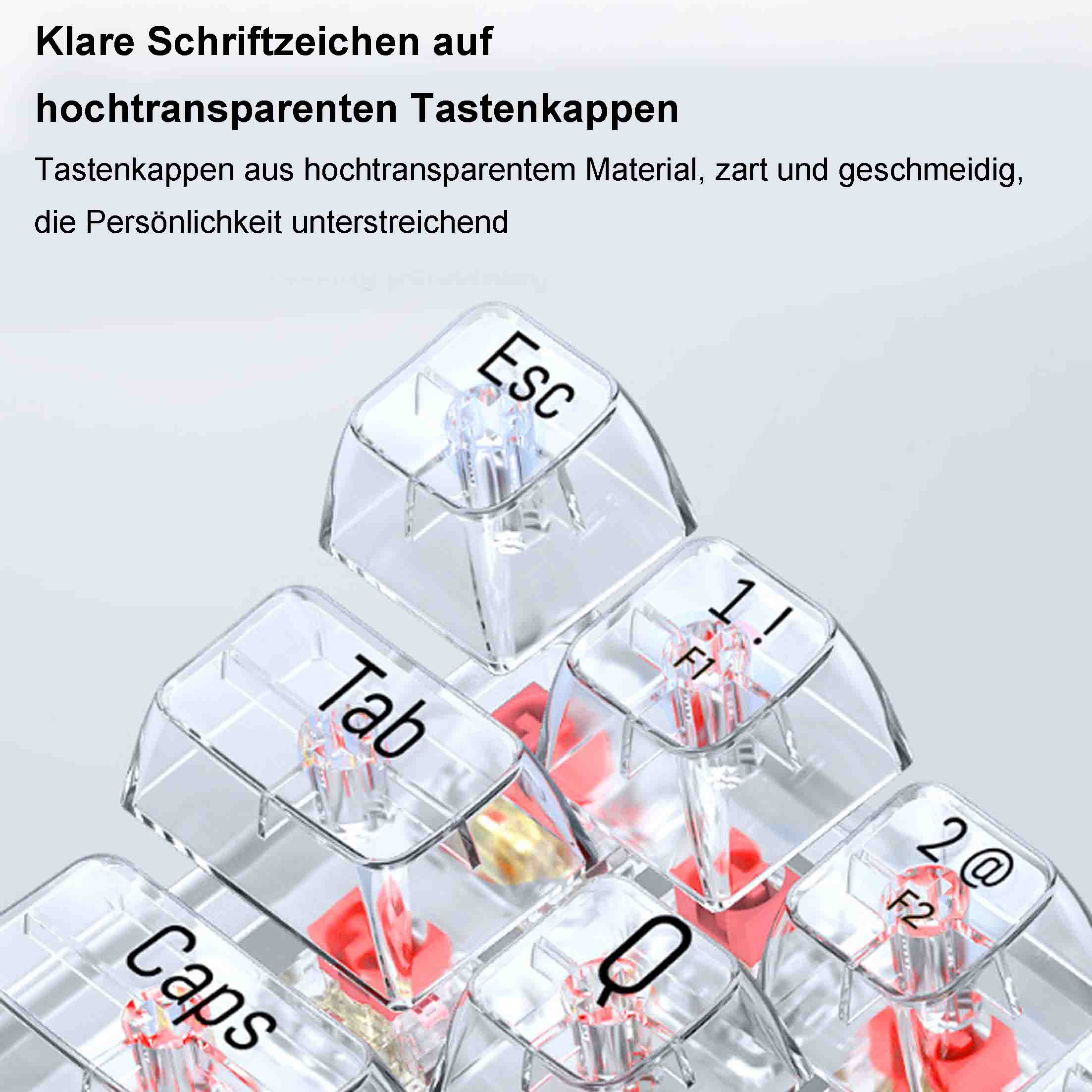 Zbliżenie przezroczystych nakładek klawiszy z wyraźnymi literami: Esc, Tab, Caps, Q, 1 i 2.