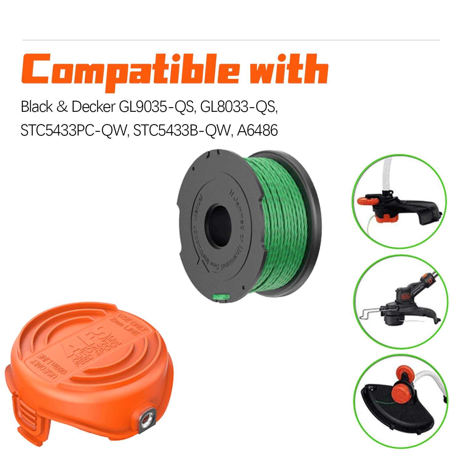 Schwarzes und grünes Zubehör für Black & Decker Trimmer, mit mehreren Bildern des Trimmers.