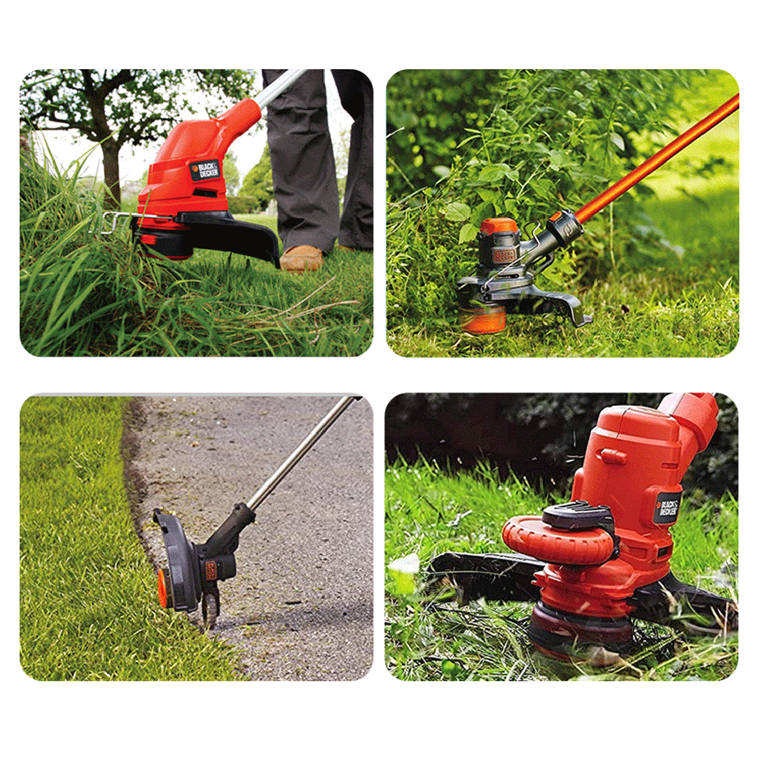 Mehrere Bilder eines Black & Decker Trimmers im Einsatz, beim Schneiden von Gras.