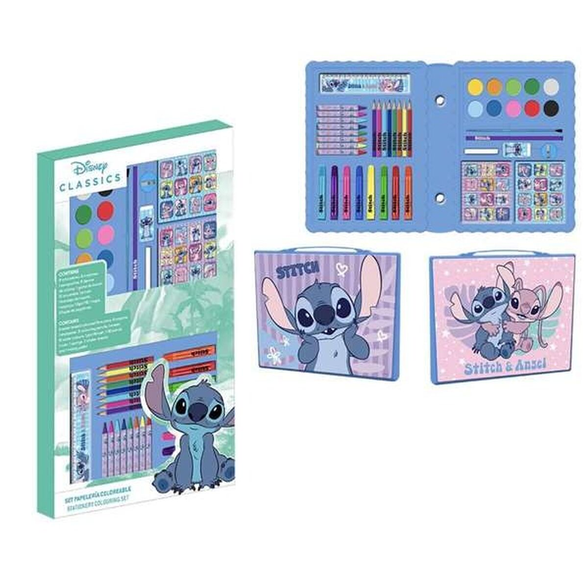 Set de colorear Disney Stitch. Incluye lápices, pintura y pegatinas, con imágenes de Stitch.