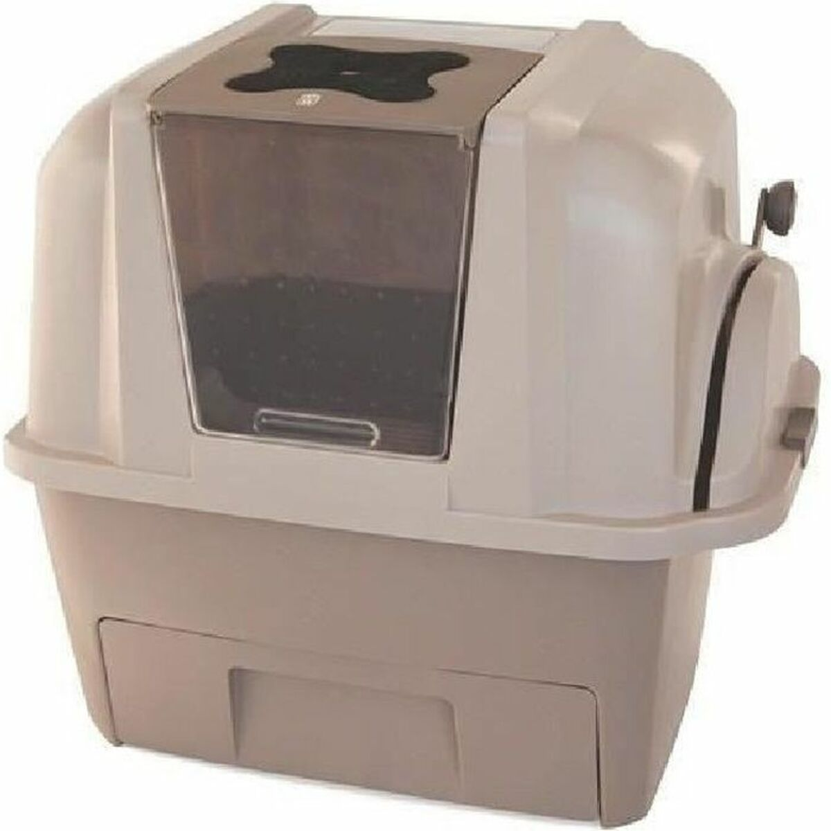 Eine beige-braune Katzentoilette mit oberem Einstieg und Schublade.