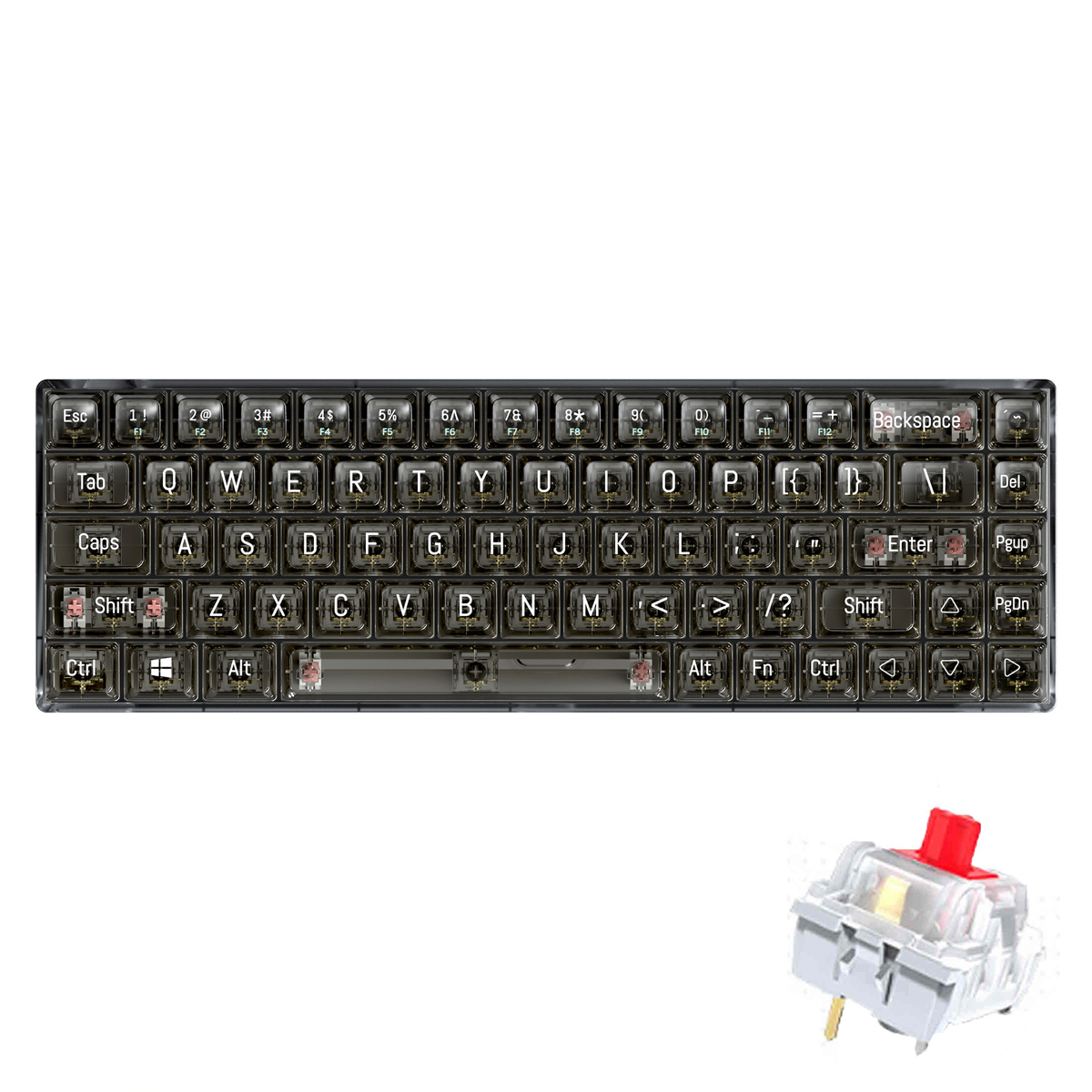 Czarna i szara klawiatura mechaniczna. Klawisze są przezroczyste z widocznymi literami. Czerwony przełącznik.