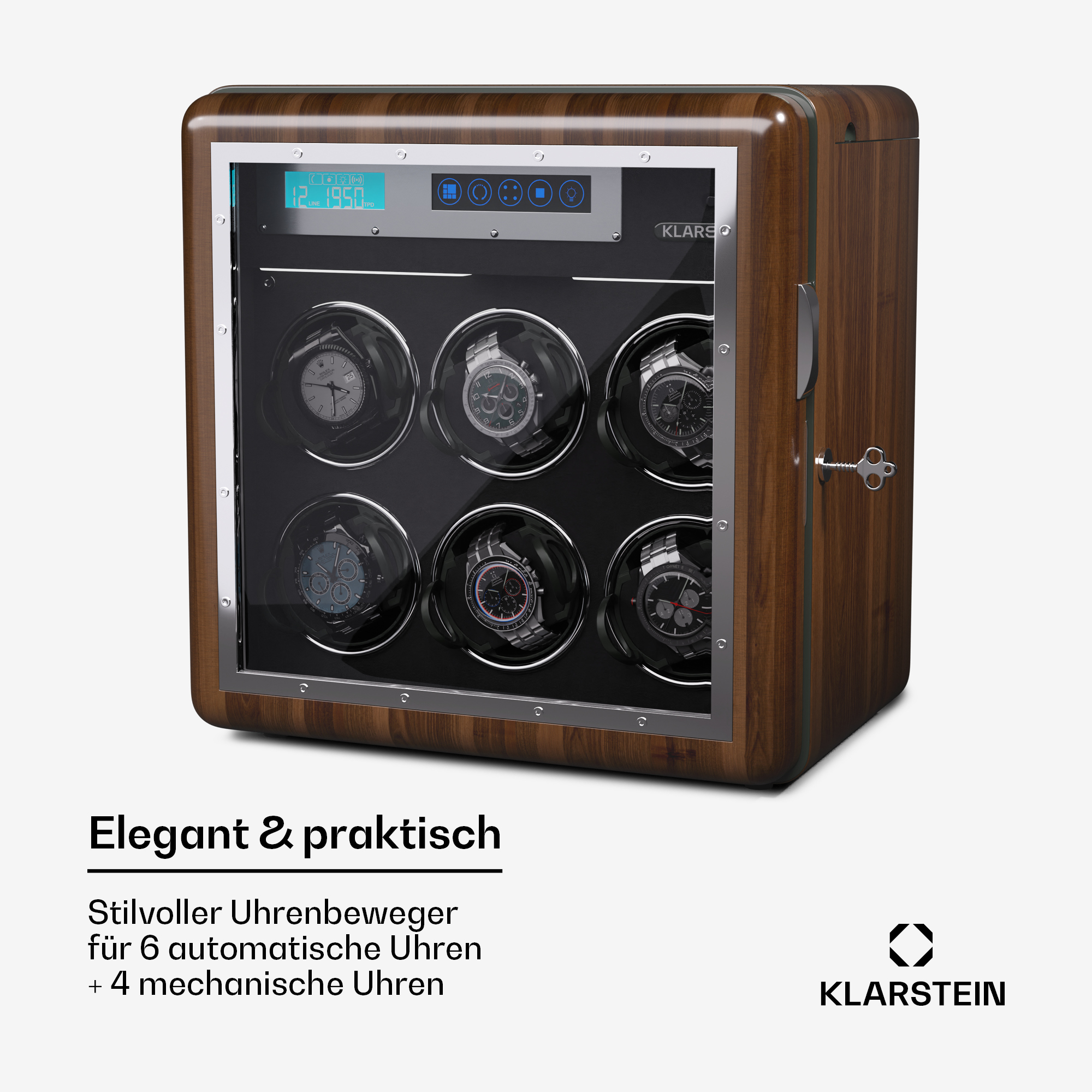 Ein hölzerner Uhrenbeweger mit 6 Uhren, die durch eine Glastür sichtbar sind.