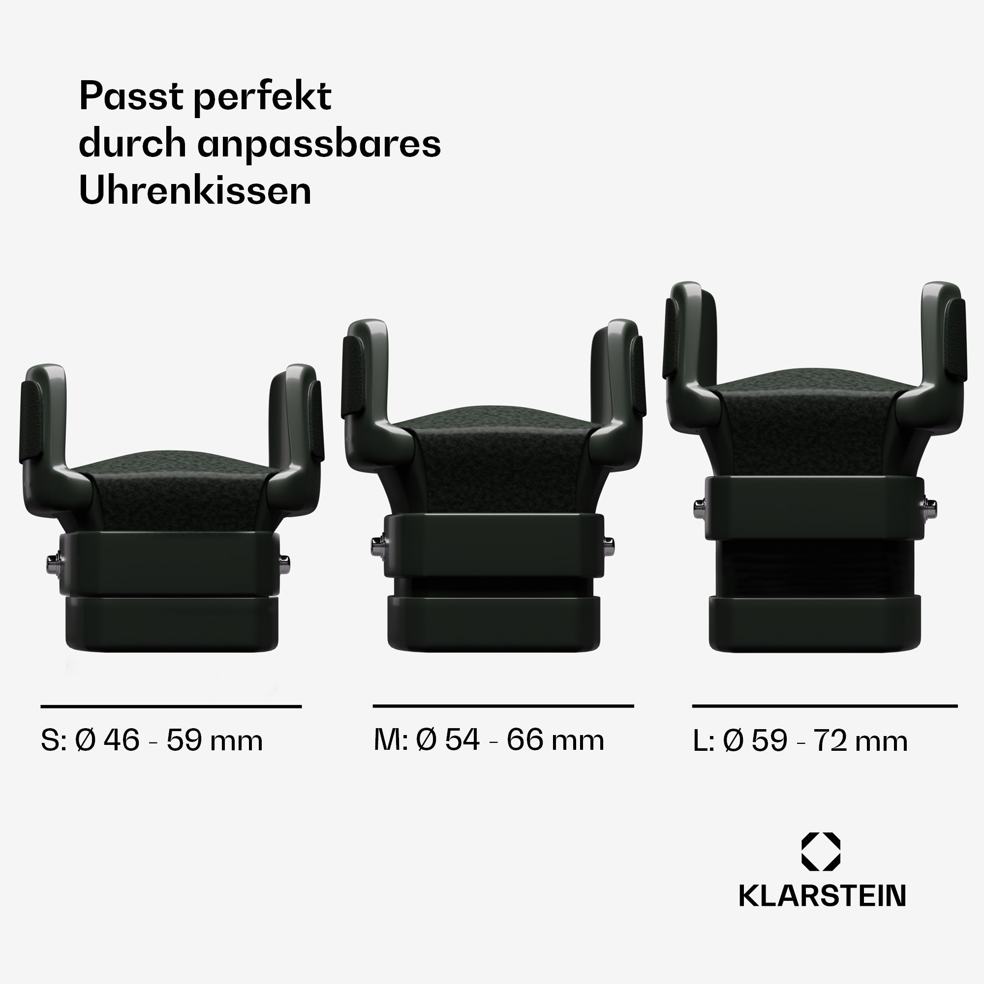 Drei Uhrenhalter in Schwarz. Jeder hat eine andere Größe mit Maßen.