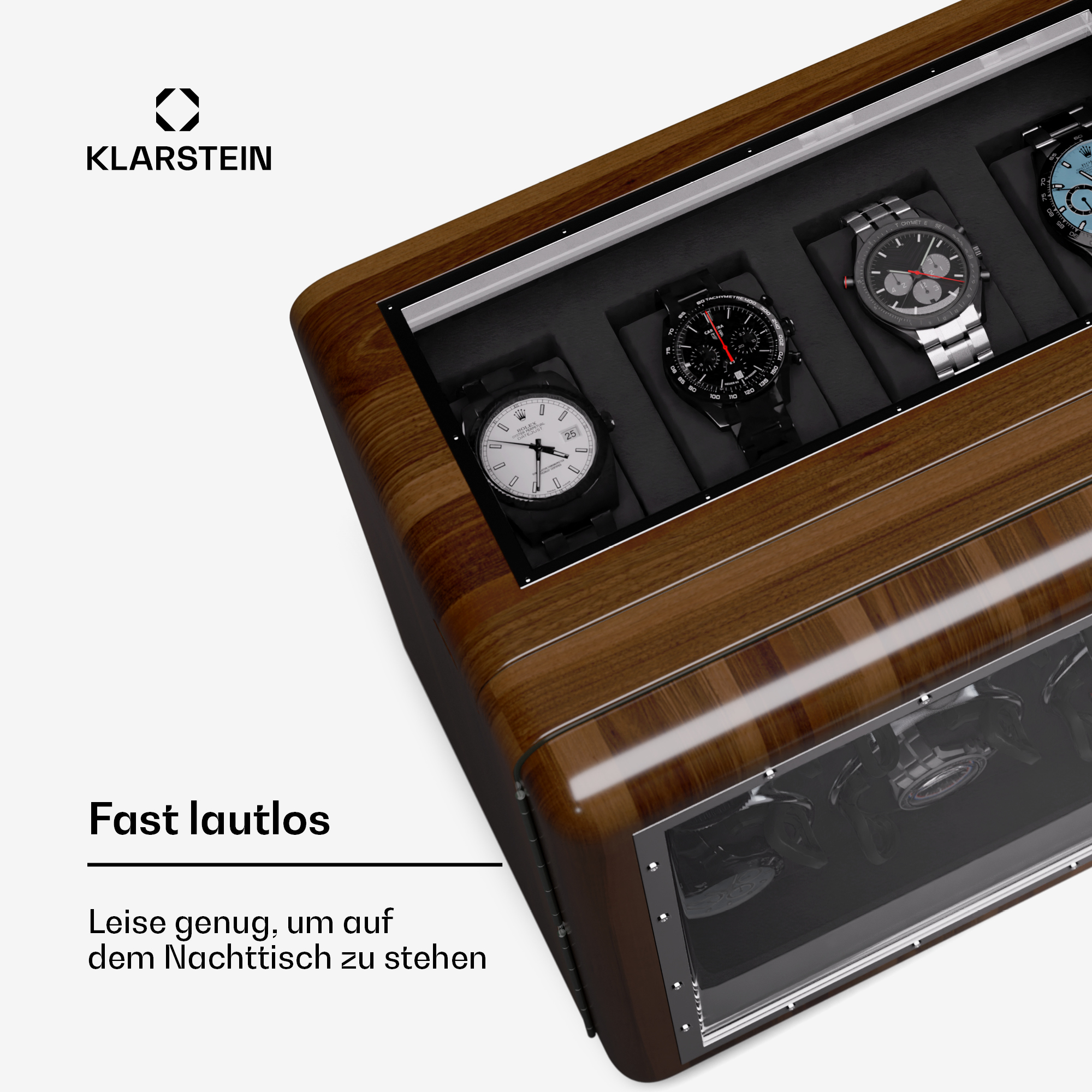 Ein Uhrenbeweger mit Uhren. Text: 'Fast lautlos' (fast lautlos). Uhren haben schwarze und silberne Bänder.