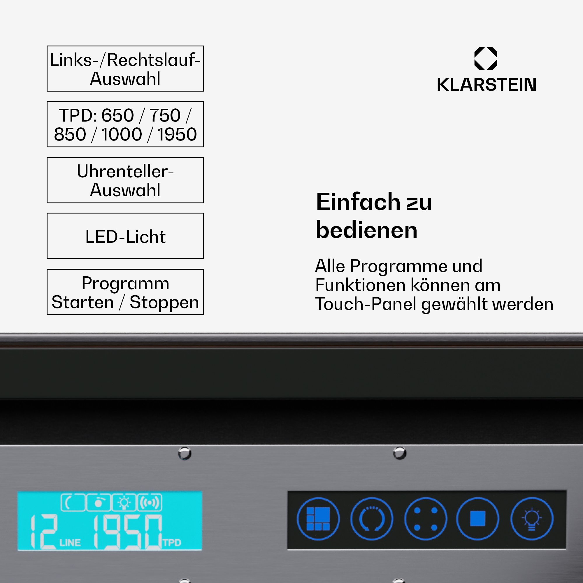 Nahaufnahme eines Digitaldisplays mit Knöpfen. Text auf Deutsch: 'Links/Rechtslauf-Auswahl', 'Einfach zu bedienen'.