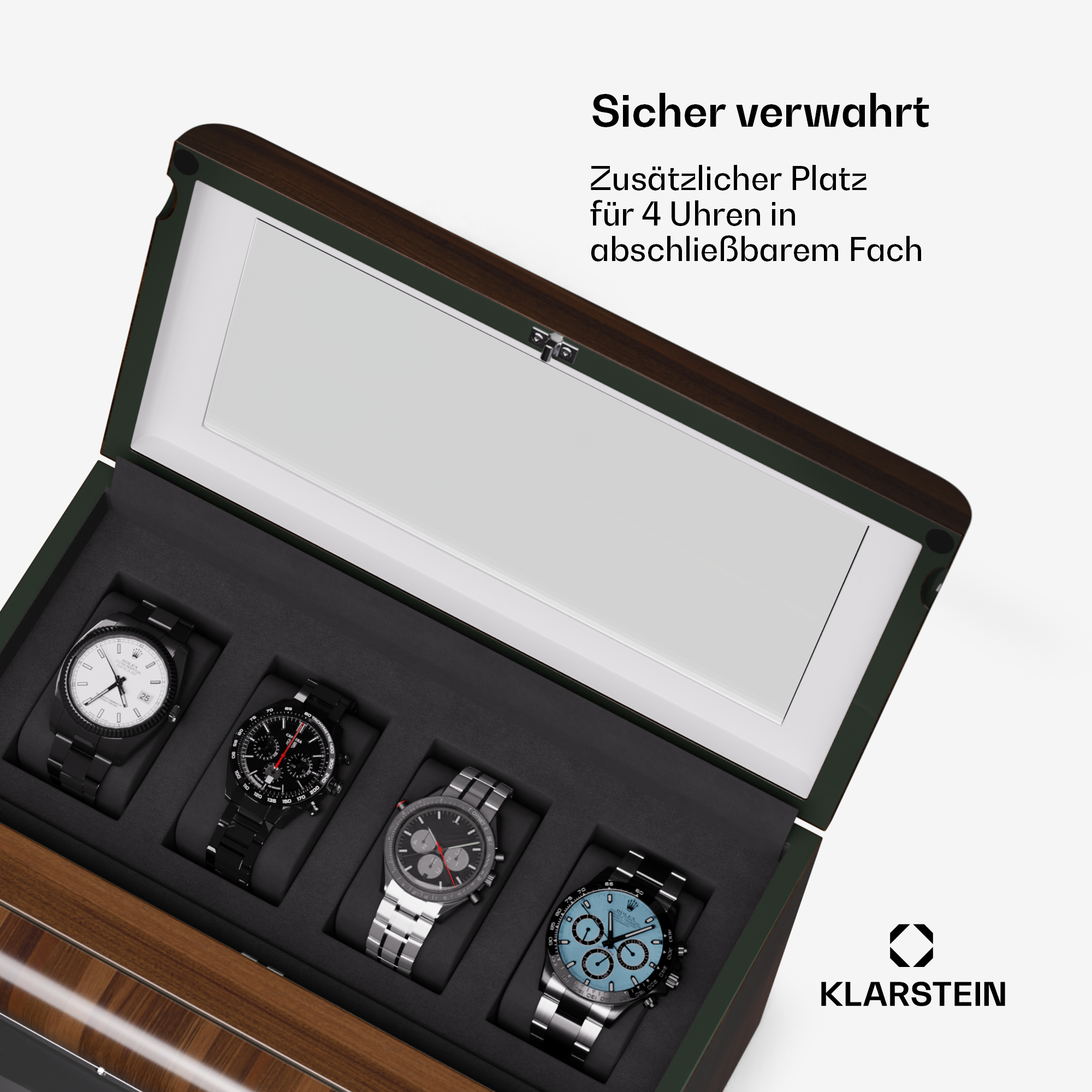 Ein hölzernes Uhren-Display-Etui. Vier Uhren sind darin sichtbar. Text besagt, dass es Platz für vier Uhren bietet.