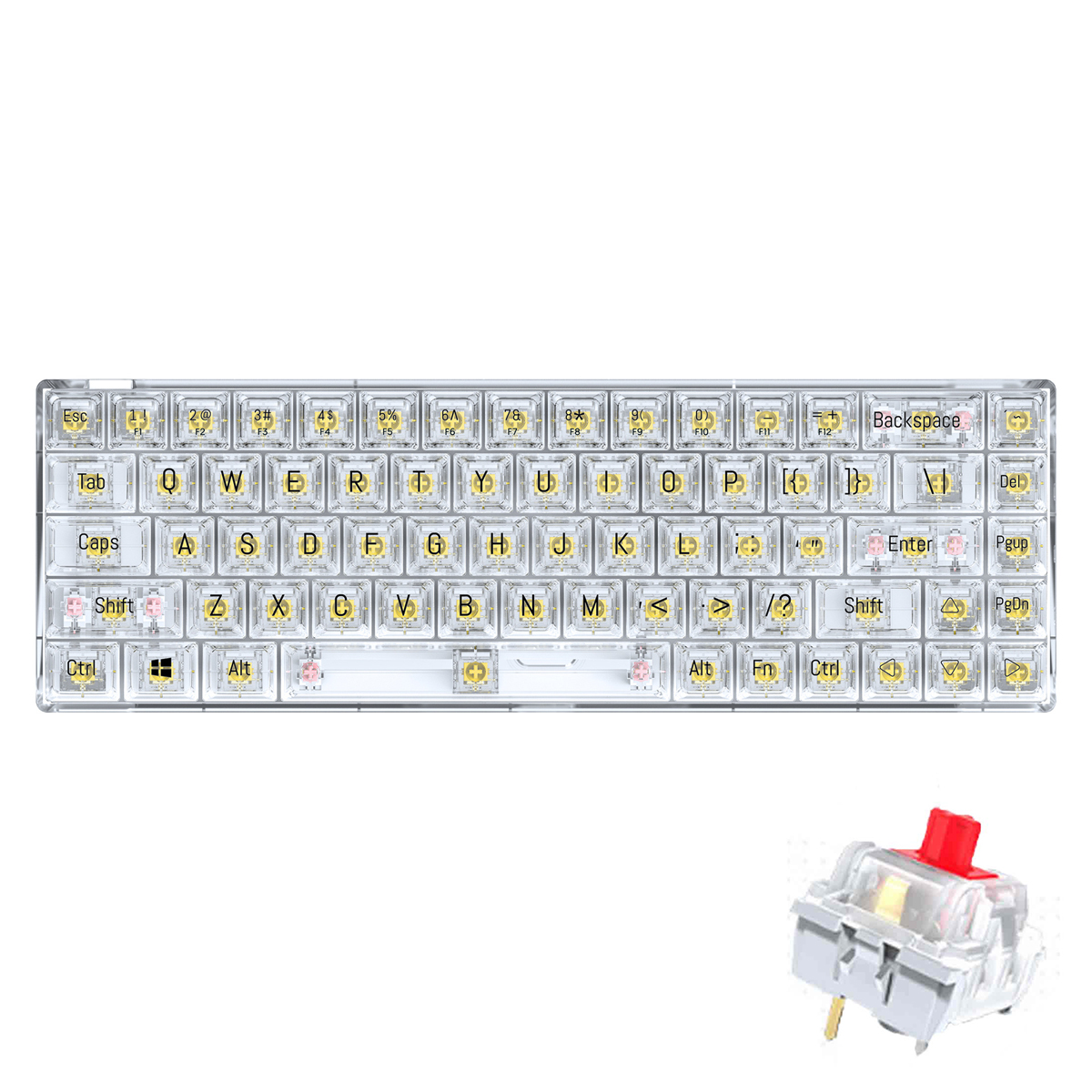 Przezroczysta klawiatura z żółto podświetlanymi klawiszami. Czerwony przełącznik pokazano osobno. Klawisze zawierają litery, cyfry i symbole.