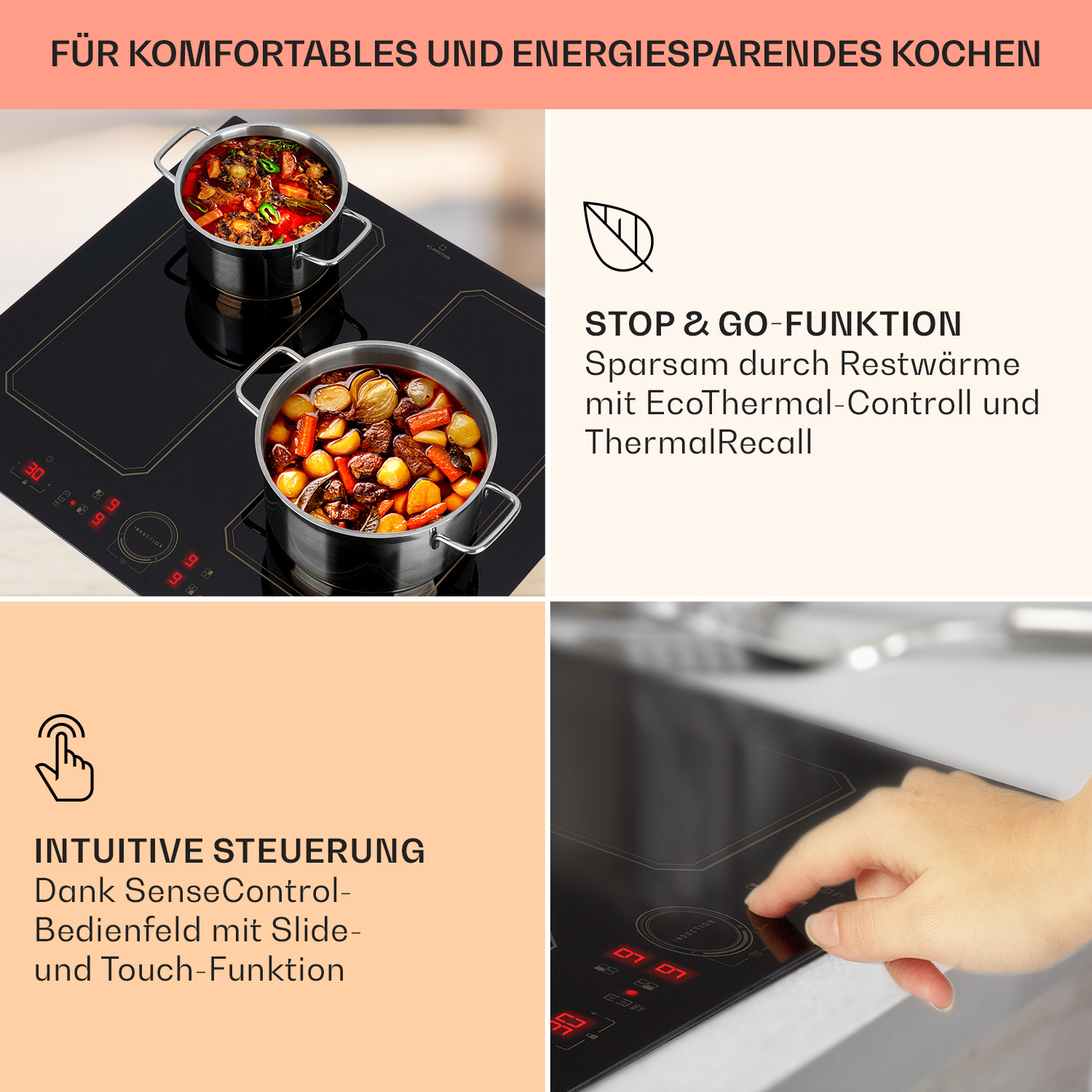 Infografik mit Text und Bildern, die Informationen über die Funktionen eines Induktionskochfelds zeigt.