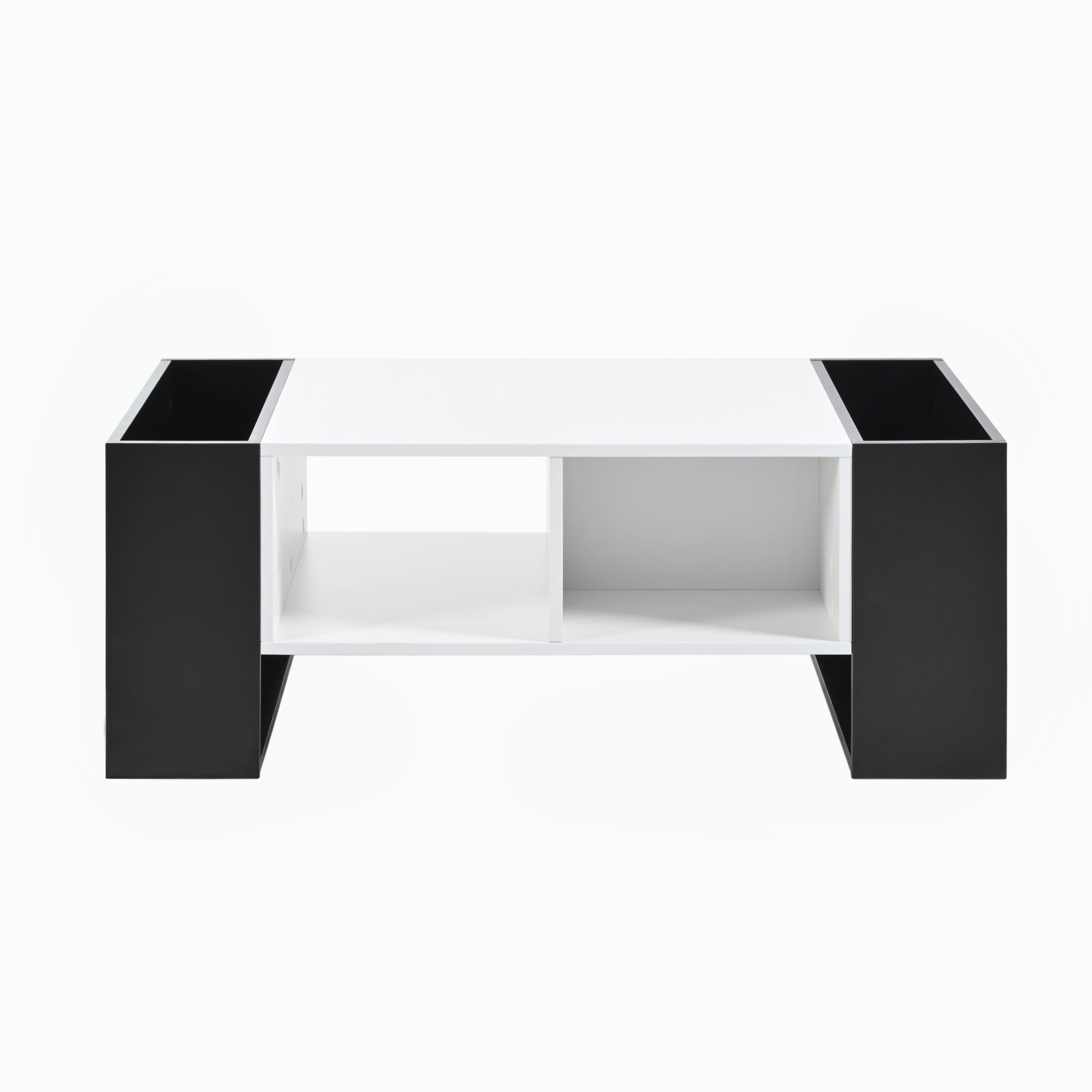 Moderner Couchtisch mit Schublade, weißes und schwarzes Design.